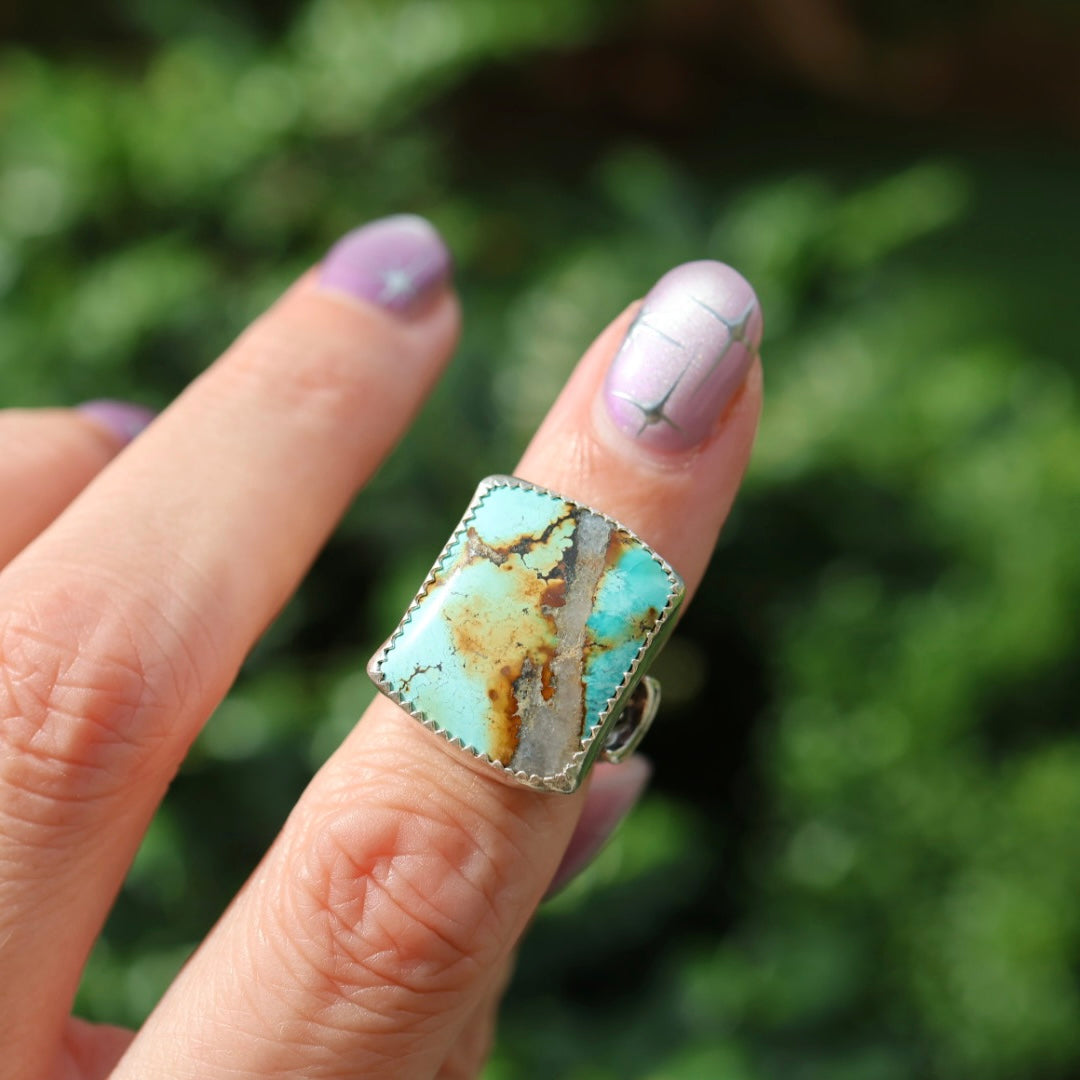 Turquoise Barrel Ring with Silver Moons (Size 4-4.25)