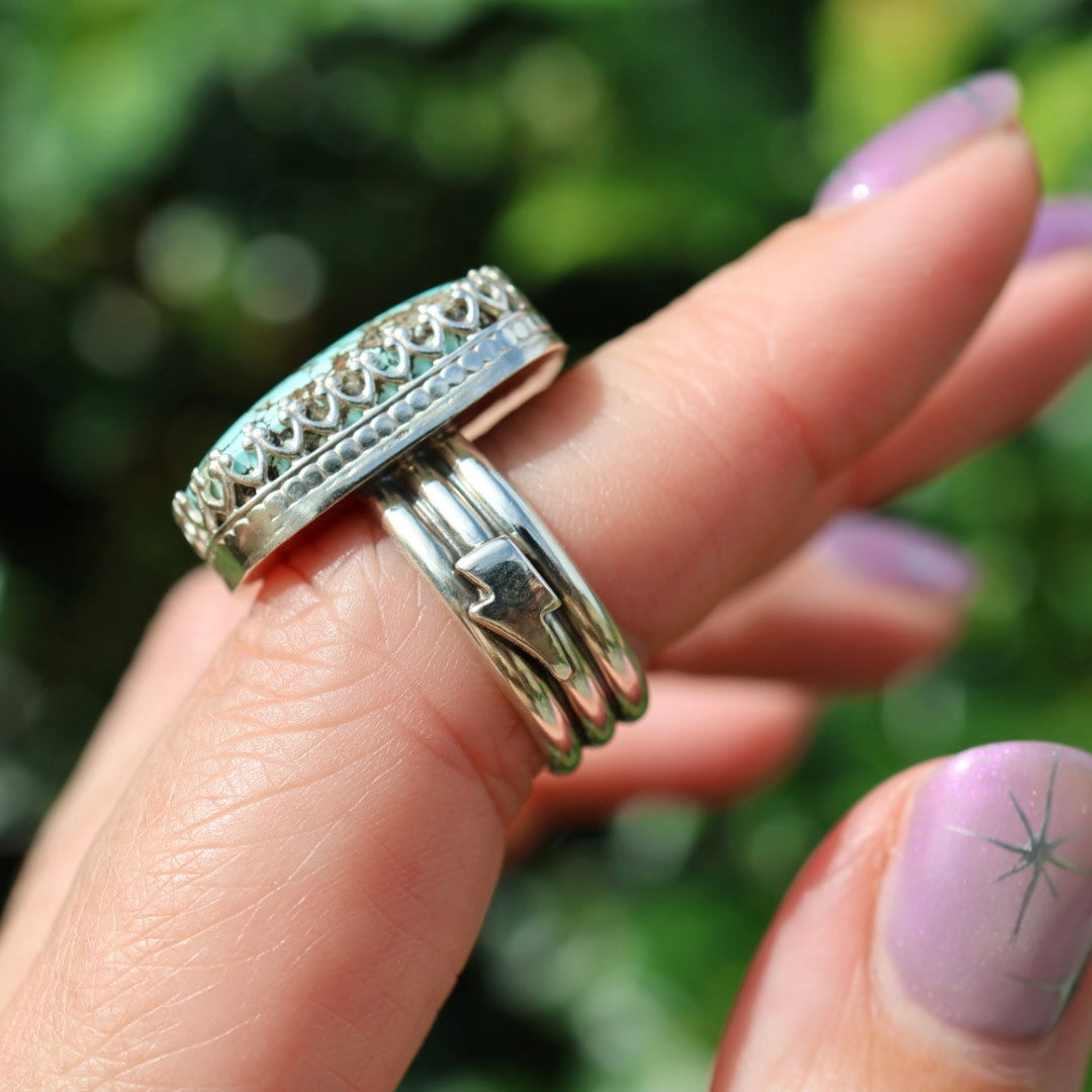 Turquoise Barrel Ring with Silver Lightning Bolts (Size 6.75-7)