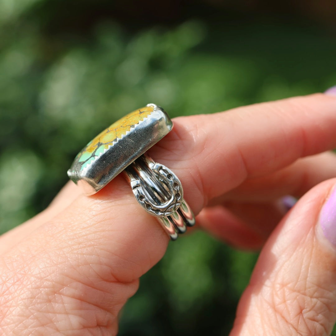 Turquoise Barrel Ring with Horseshoes (Size 7.5-8)
