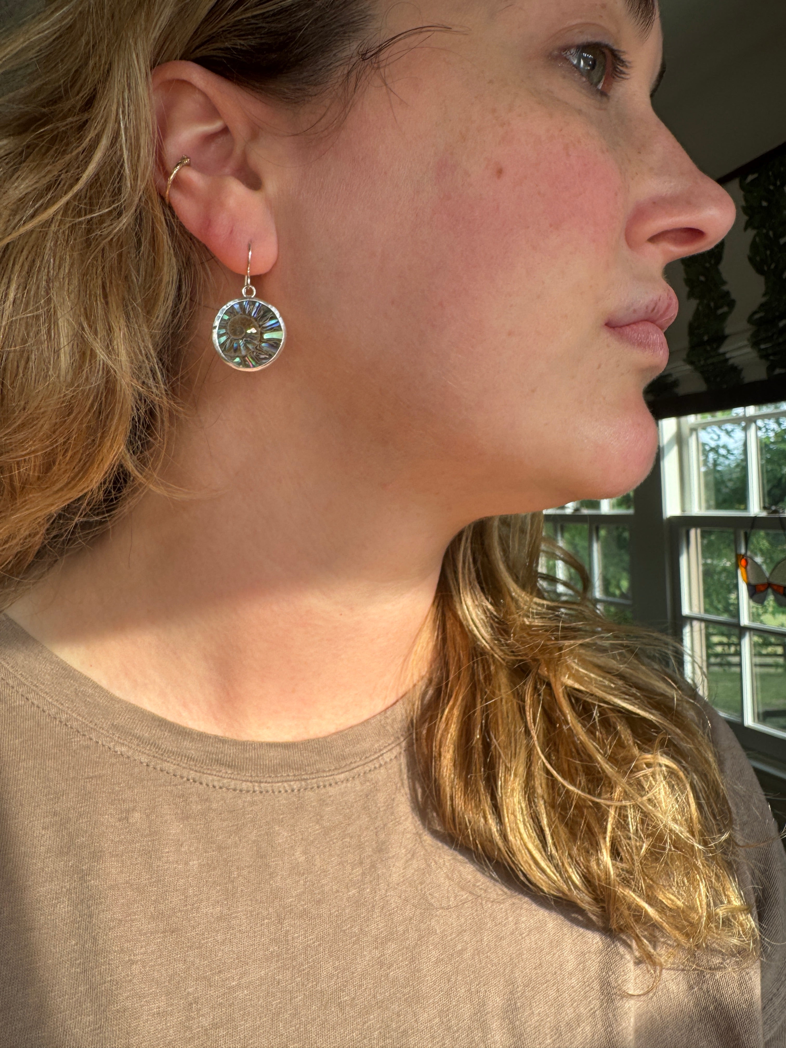 Abalone inlay on ammonite sterling silver earrings
