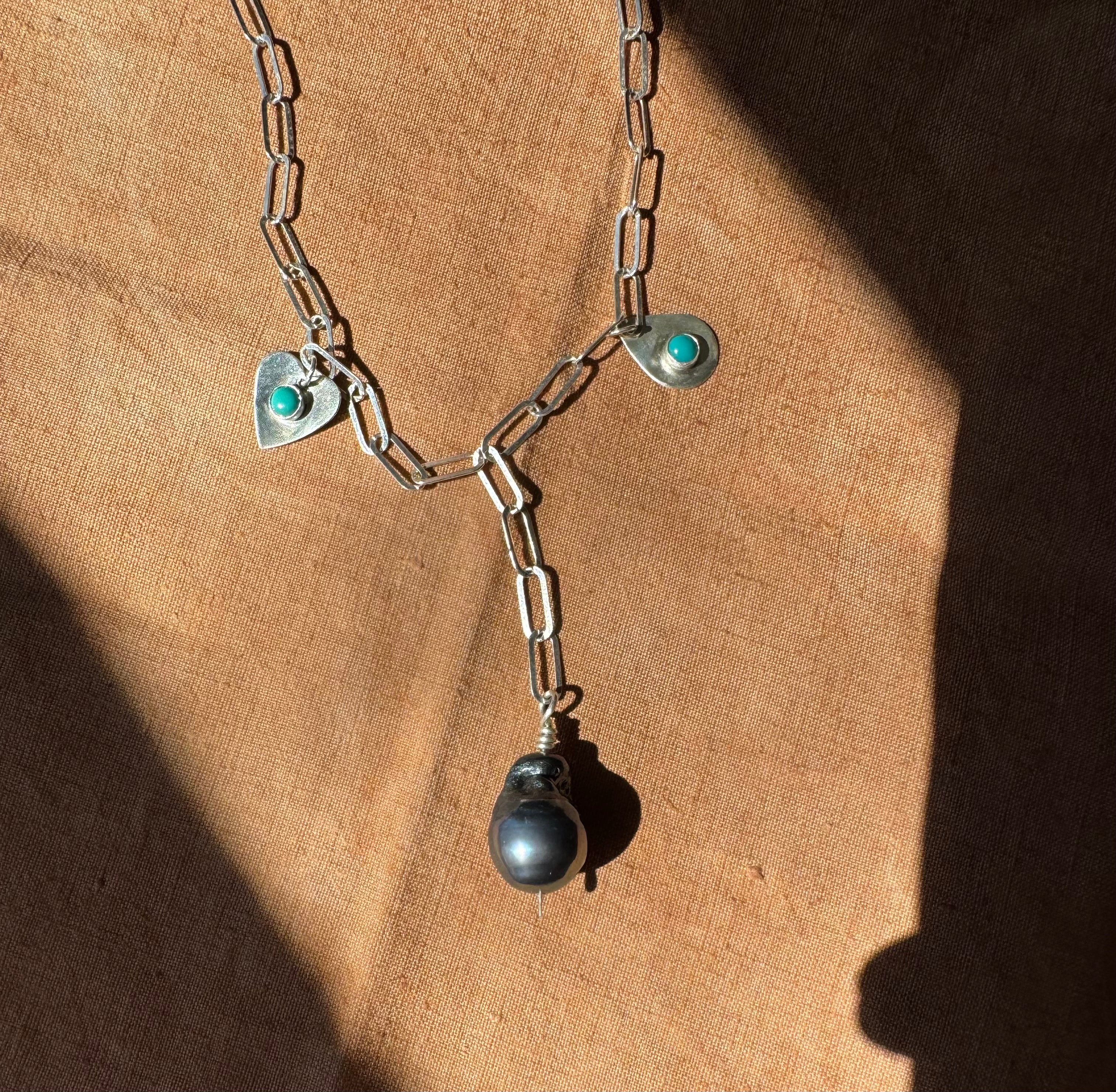 Sterling Silver Paperclip Chain with Carico Lake Turquoise and Baroque Pearl