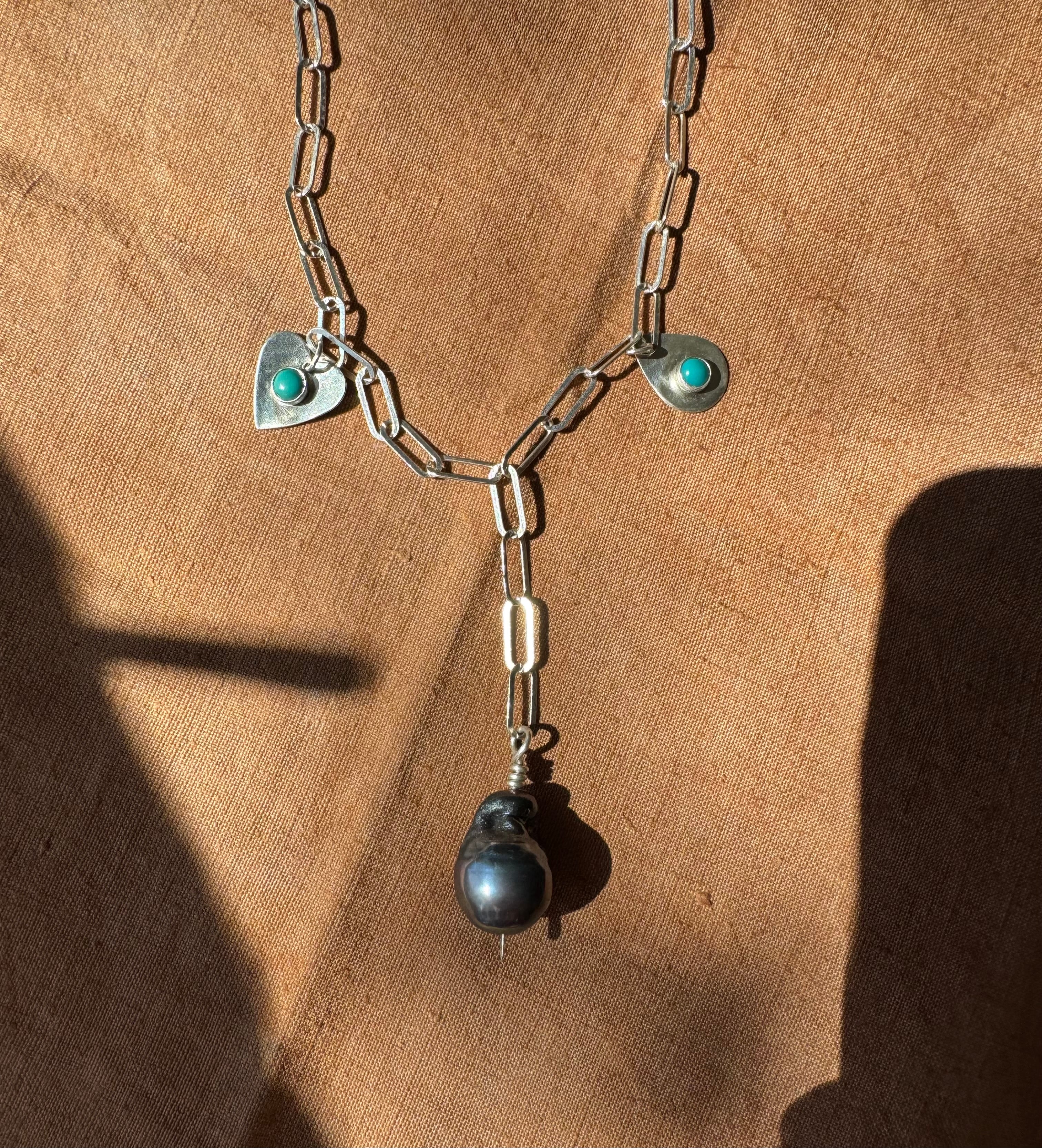 Sterling Silver Paperclip Chain with Carico Lake Turquoise and Baroque Pearl