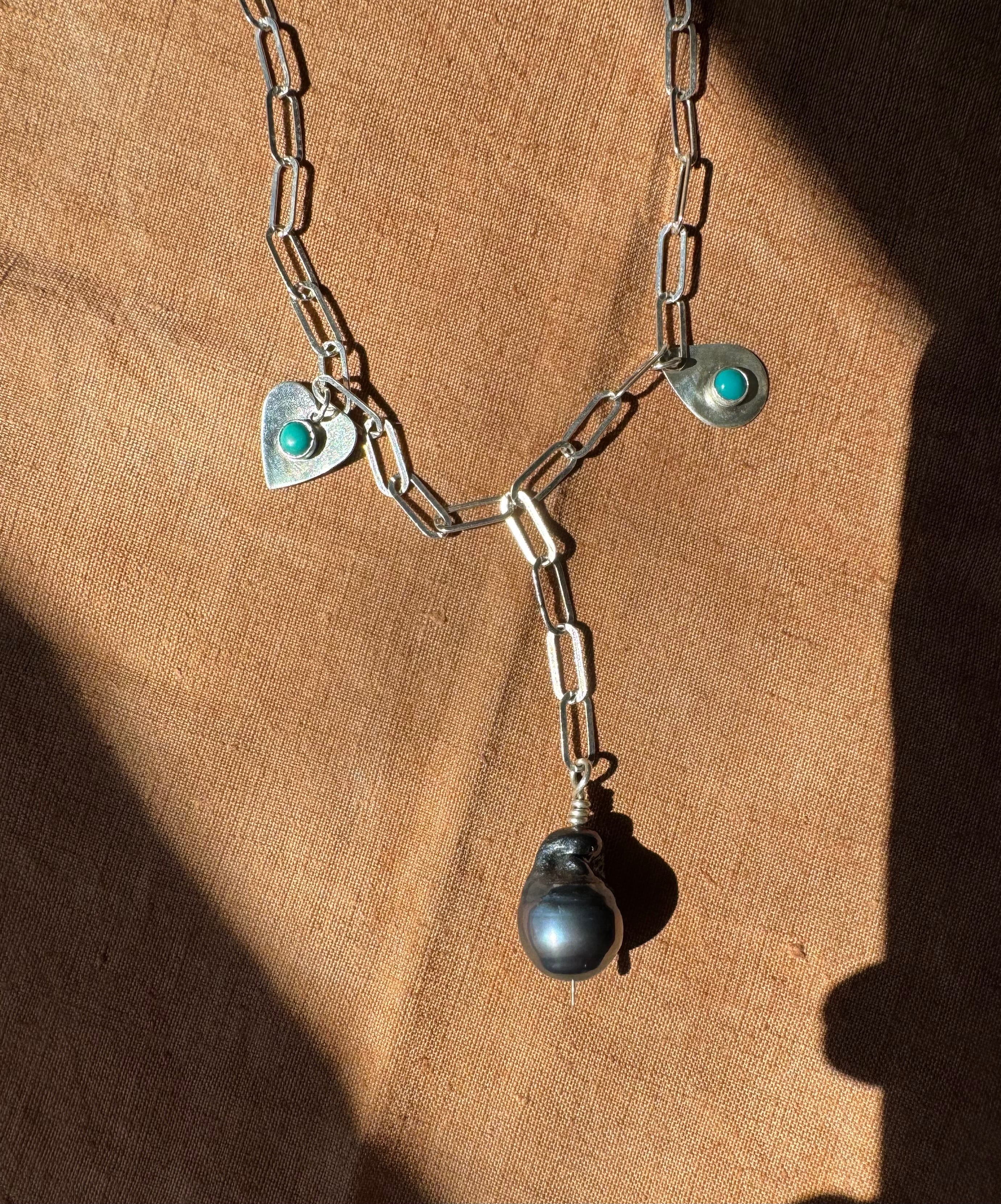 Sterling Silver Paperclip Chain with Carico Lake Turquoise and Baroque Pearl