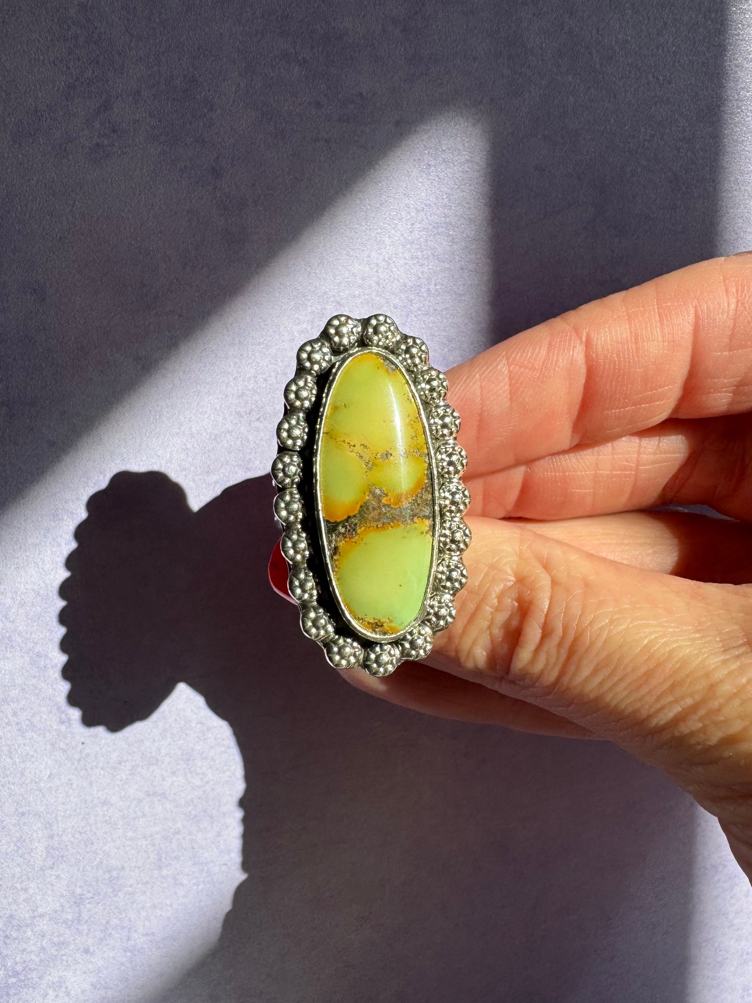 Turquoise Surfboard Ring in Sterling Silver | Decorative Berry Wire Border — Ready to Ship, One of a Kind