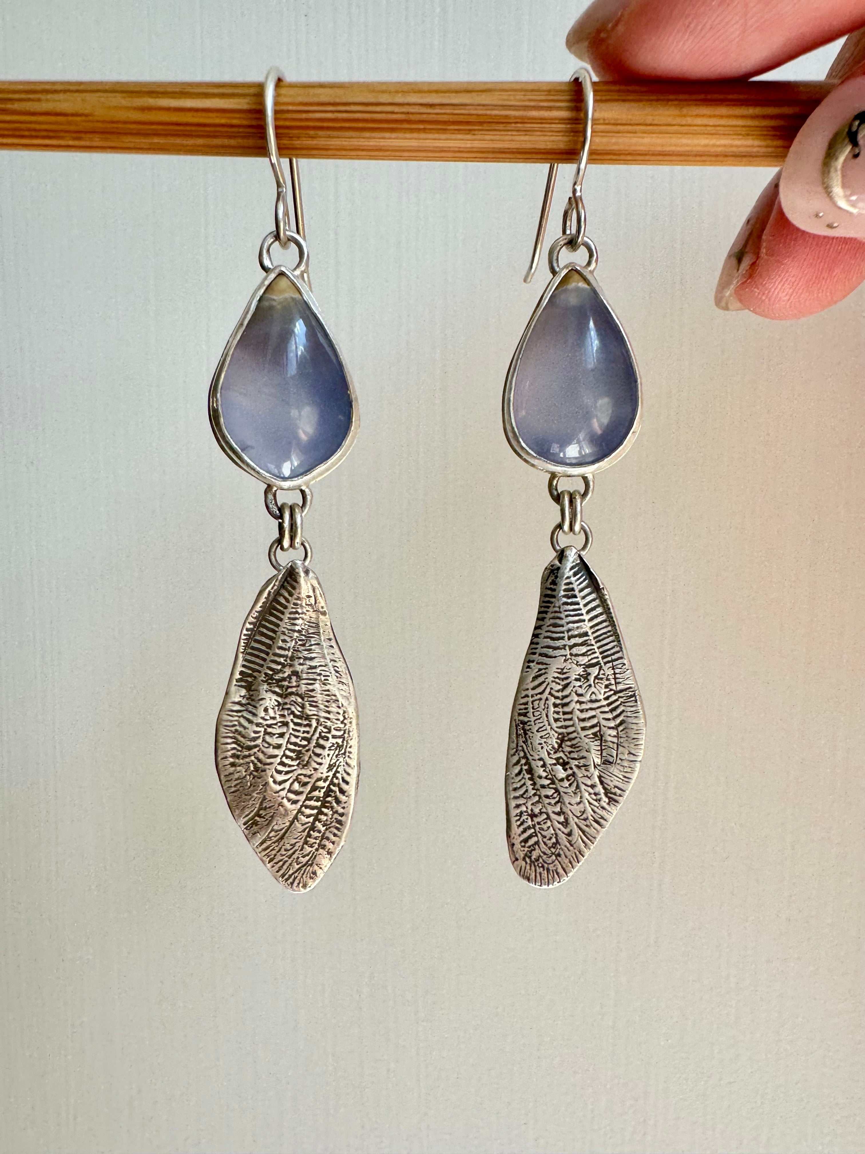 Sterling silver cicada wings with sparkling blue chalcedony. One of a kind pair.