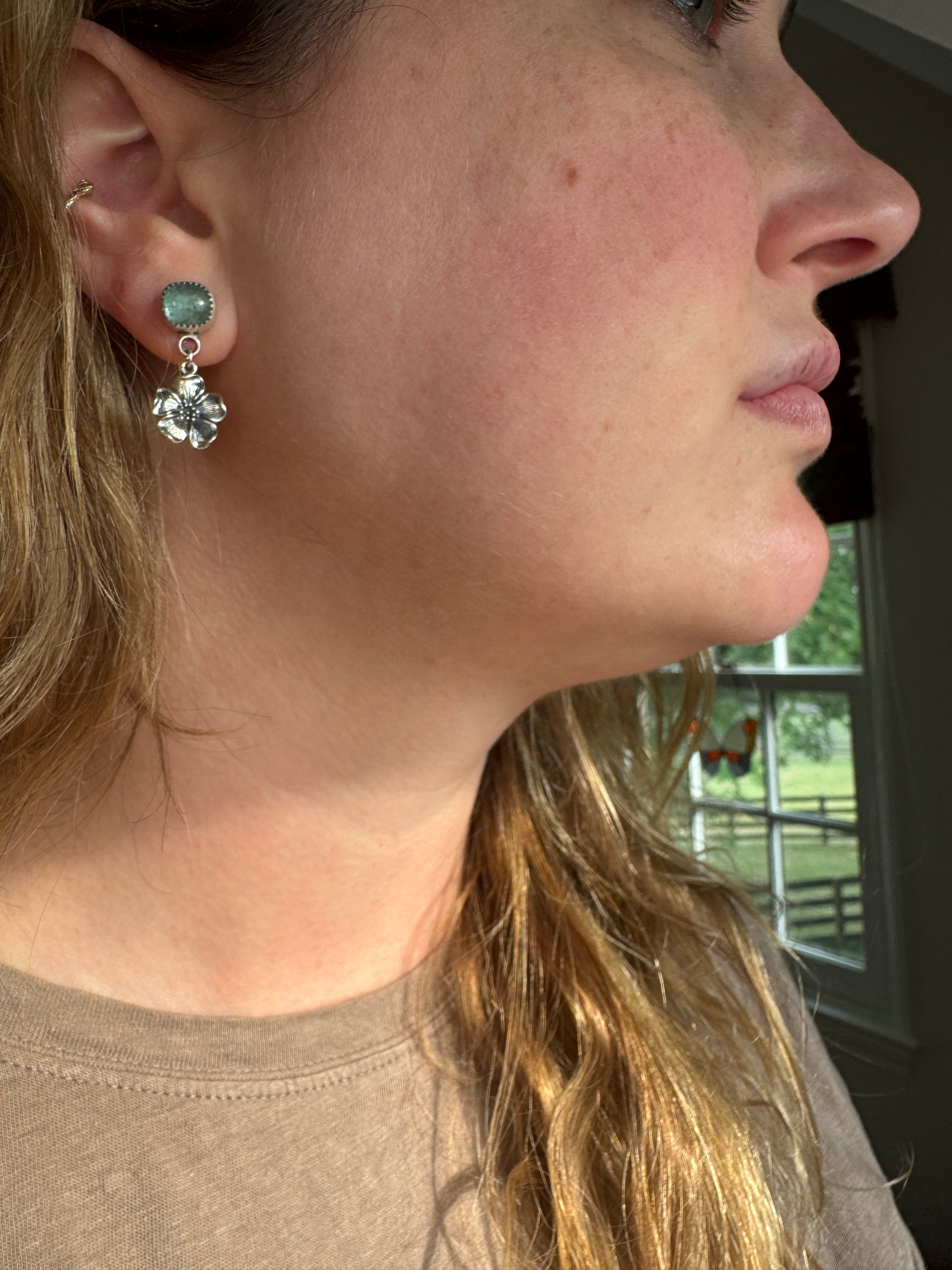 Beautiful blue toned tourmaline with sterling silver cherry blossoms post earrings