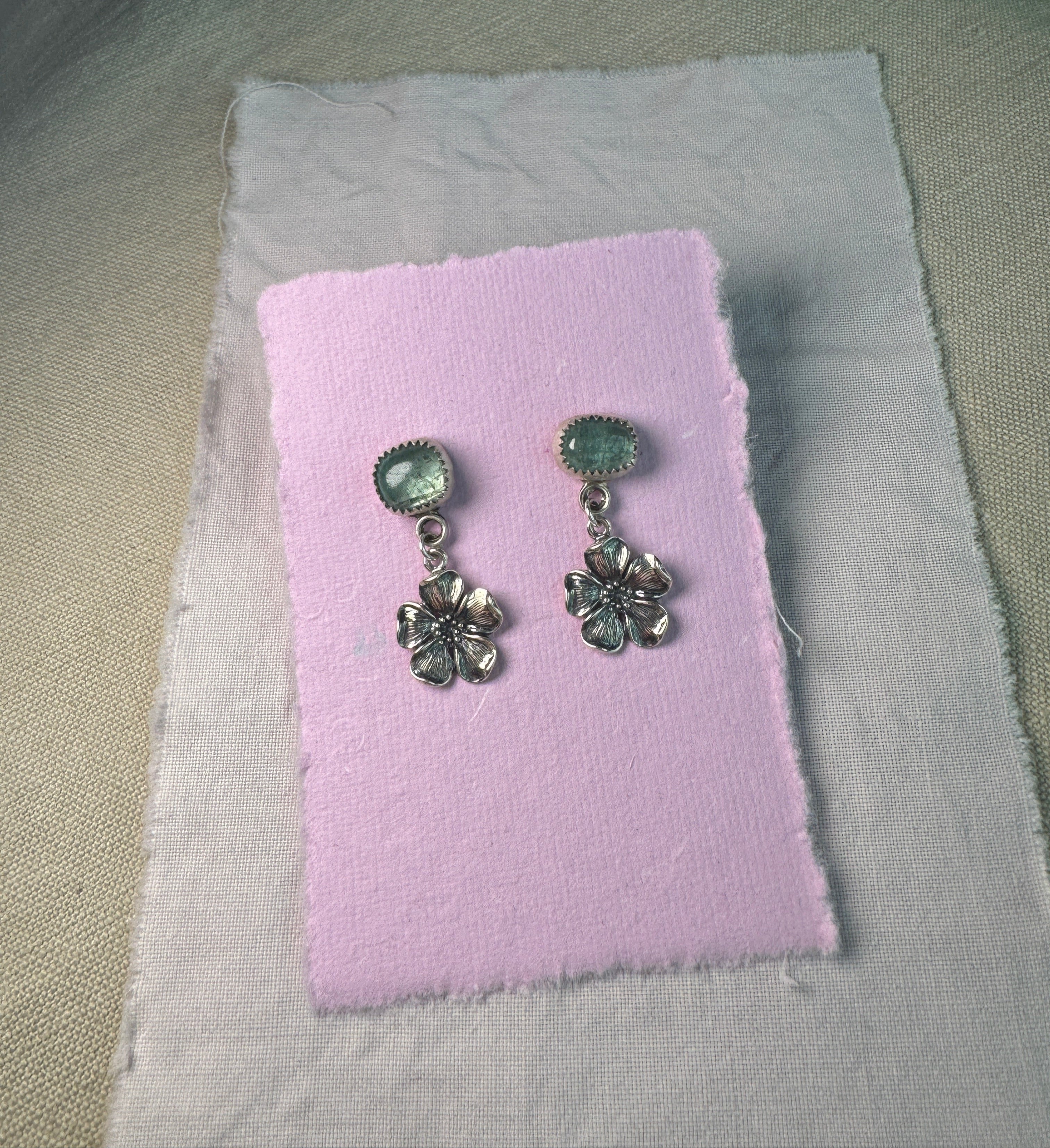 Beautiful blue toned tourmaline with sterling silver cherry blossoms post earrings