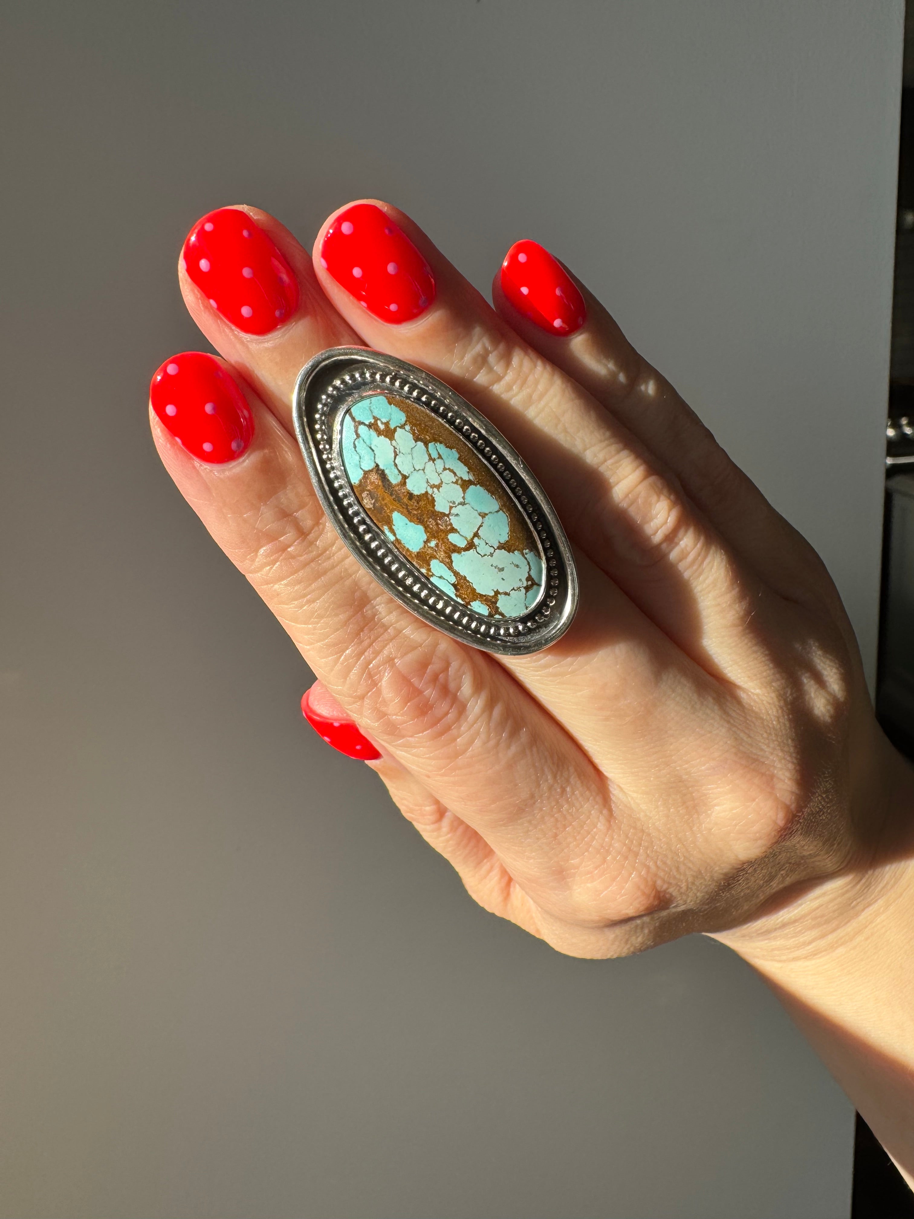 Turquoise Surfboard Ring in Sterling Silver | Decorative Sterling Border — Ready to Ship, One of a Kind