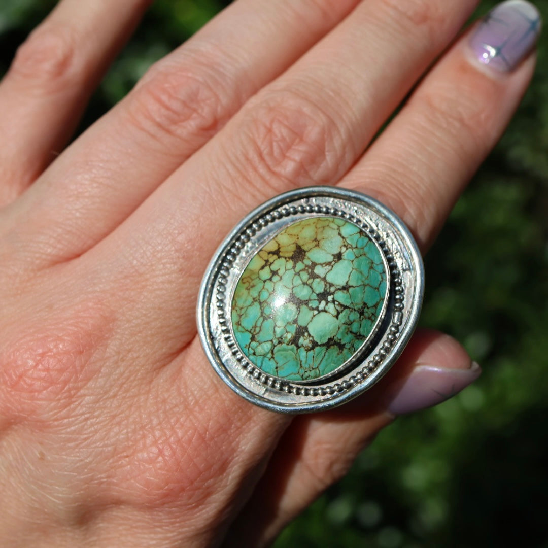Turquoise Statement Ring in Sterling Silver | Decorative Sterling Border — One of a Kind | Size 7.5