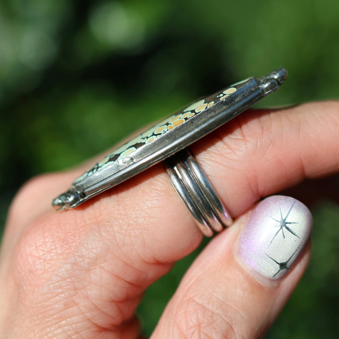 Turquoise Surfboard Ring in Sterling Silver | Decorative Sterling Border — Size 8, One of a Kind