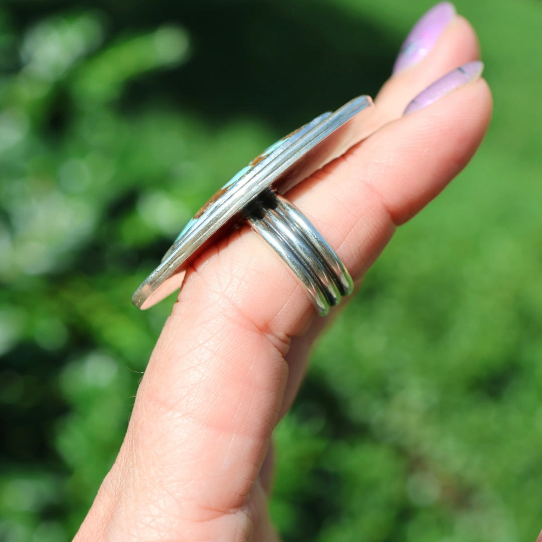 Turquoise Surfboard Ring in Sterling Silver | Decorative Sterling Border — One of a Kind | Size 5.5