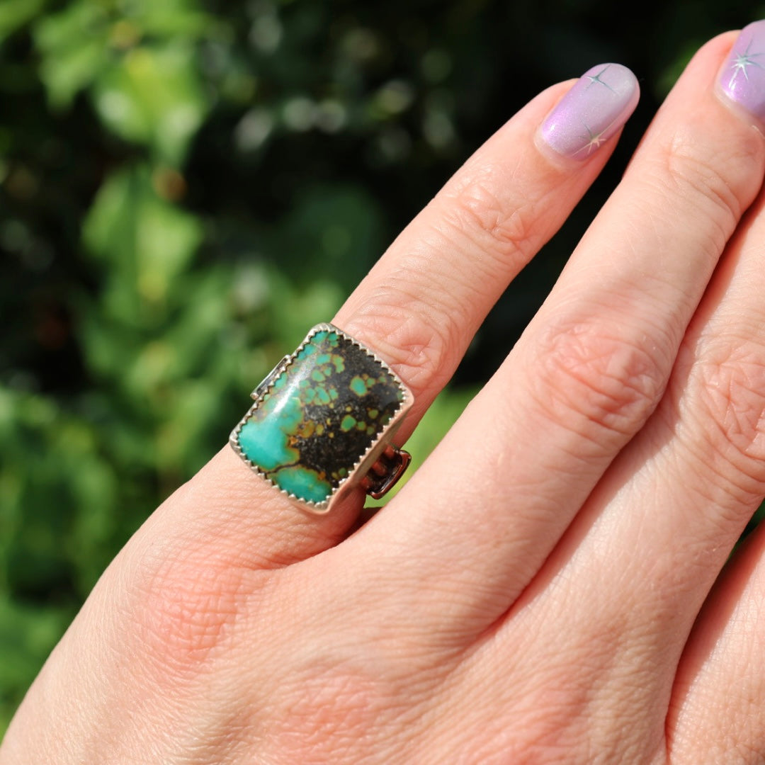 Turquoise Barrel Ring with Silver Moons (Size 4.5)