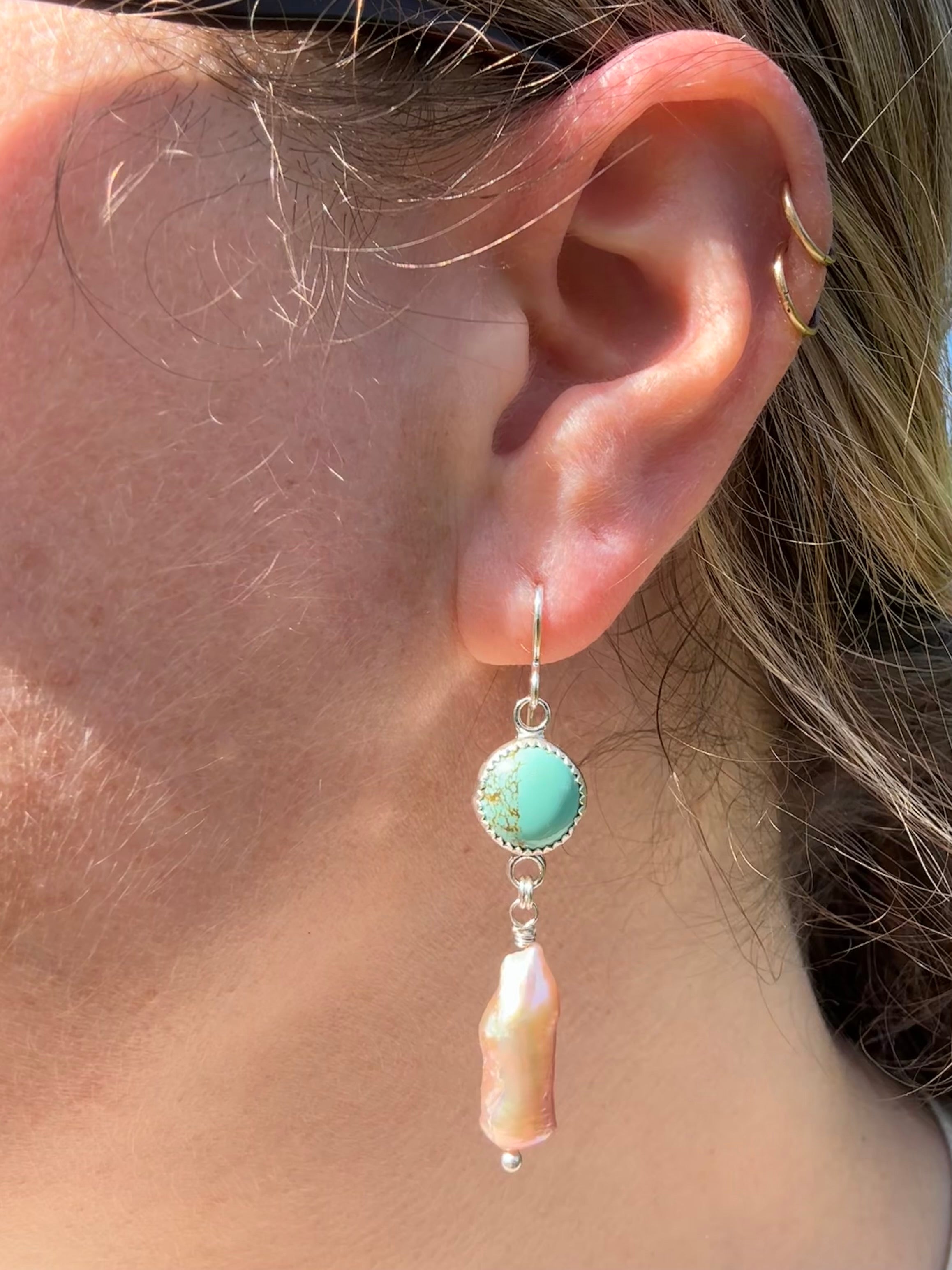 Carico Lake Turquoise & Freshwater Biwa Pearl Earrings
