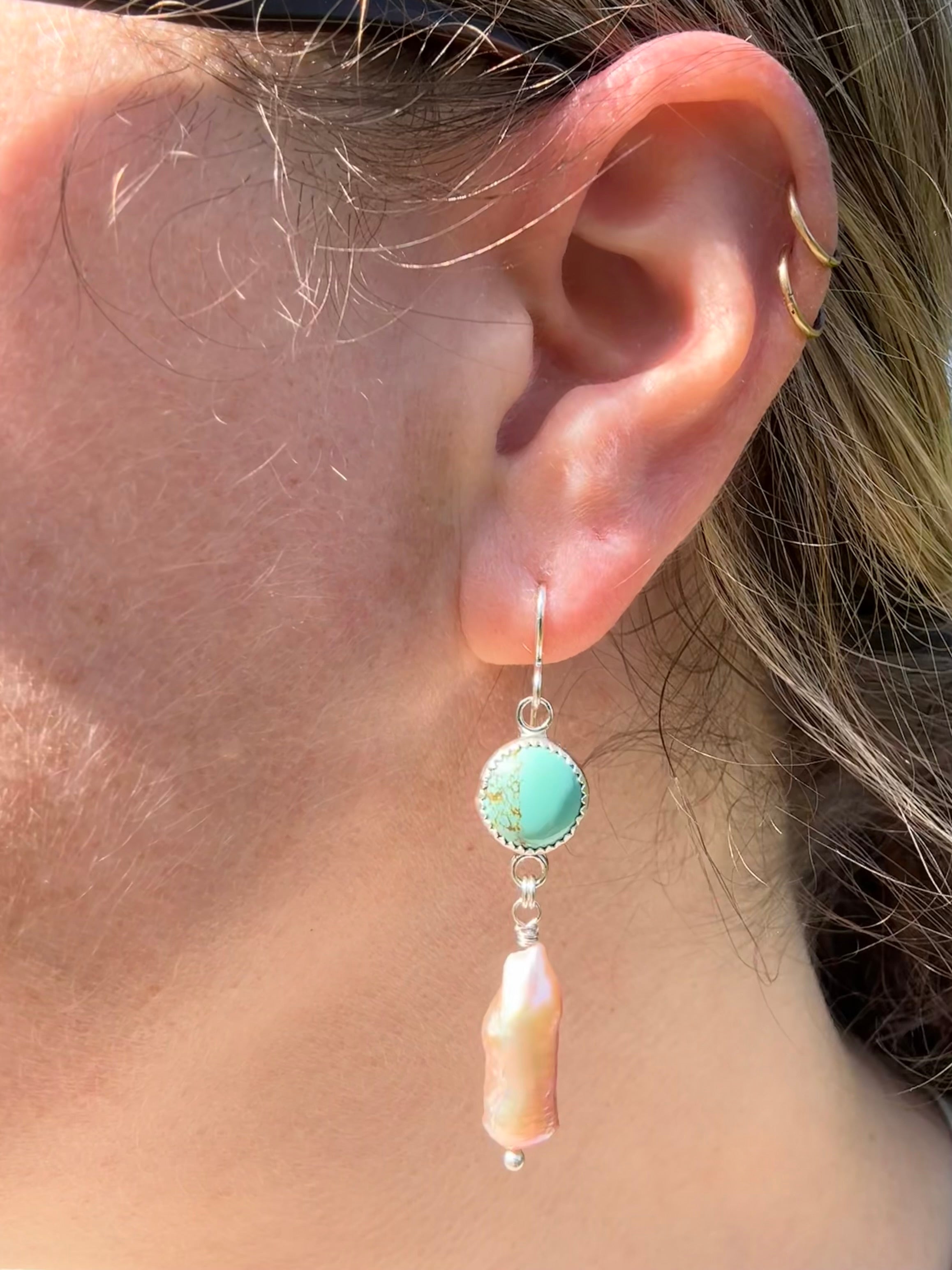 Carico Lake Turquoise & Freshwater Biwa Pearl Earrings
