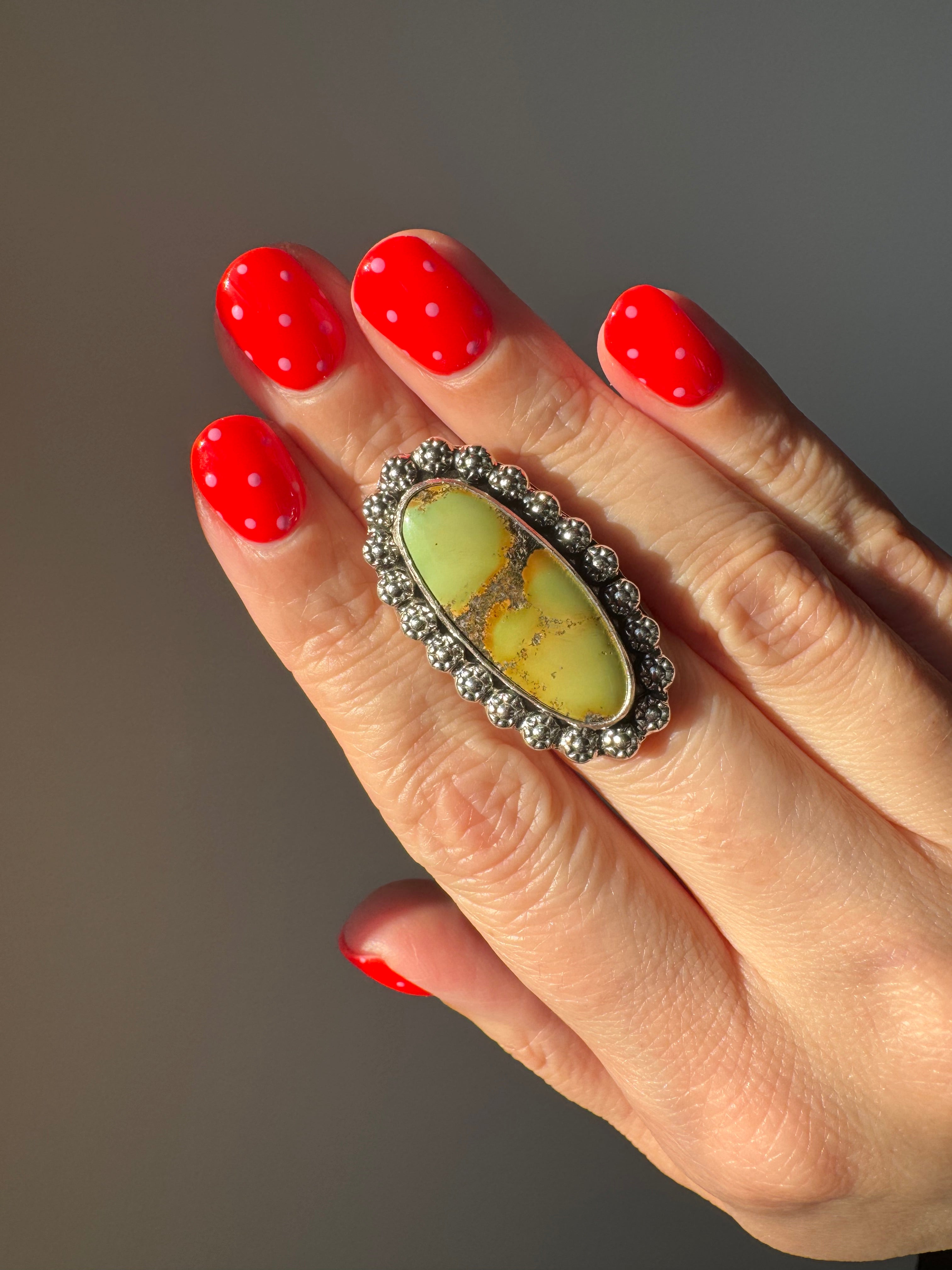 Turquoise Surfboard Ring in Sterling Silver | Decorative Berry Wire Border — Ready to Ship, One of a Kind