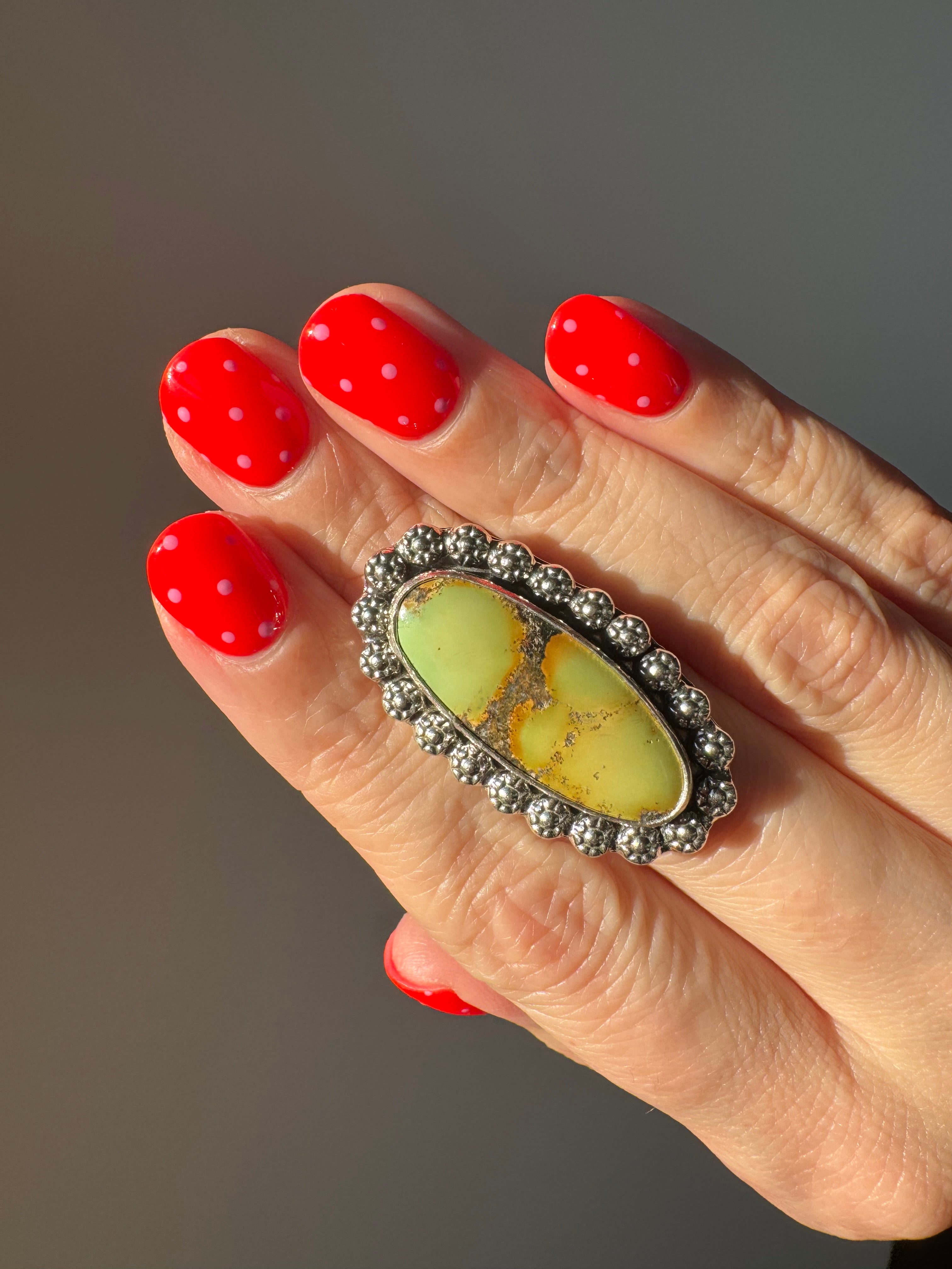 Turquoise Surfboard Ring in Sterling Silver | Decorative Berry Wire Border — Ready to Ship, One of a Kind