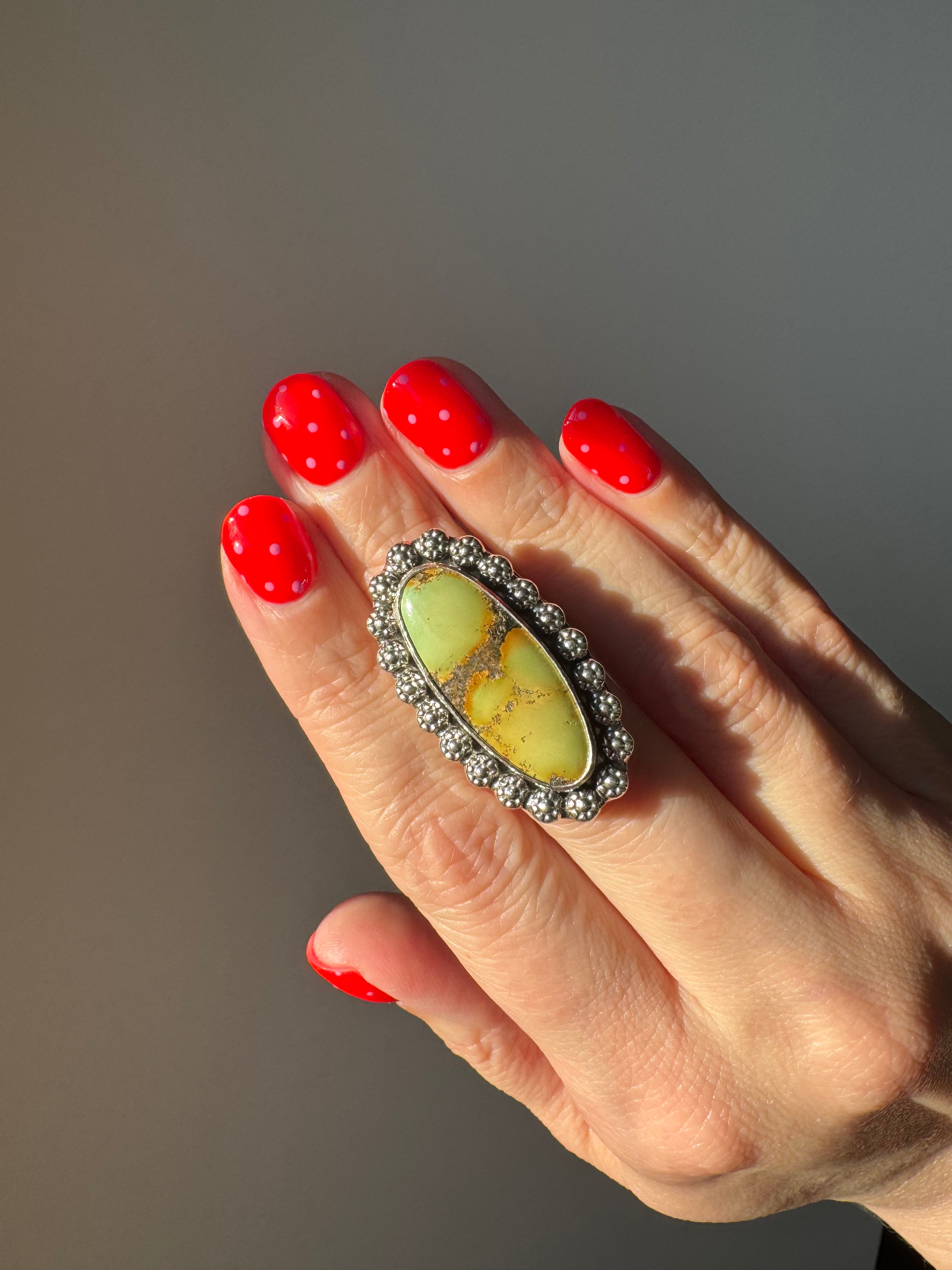 Turquoise Surfboard Ring in Sterling Silver | Decorative Berry Wire Border — Ready to Ship, One of a Kind