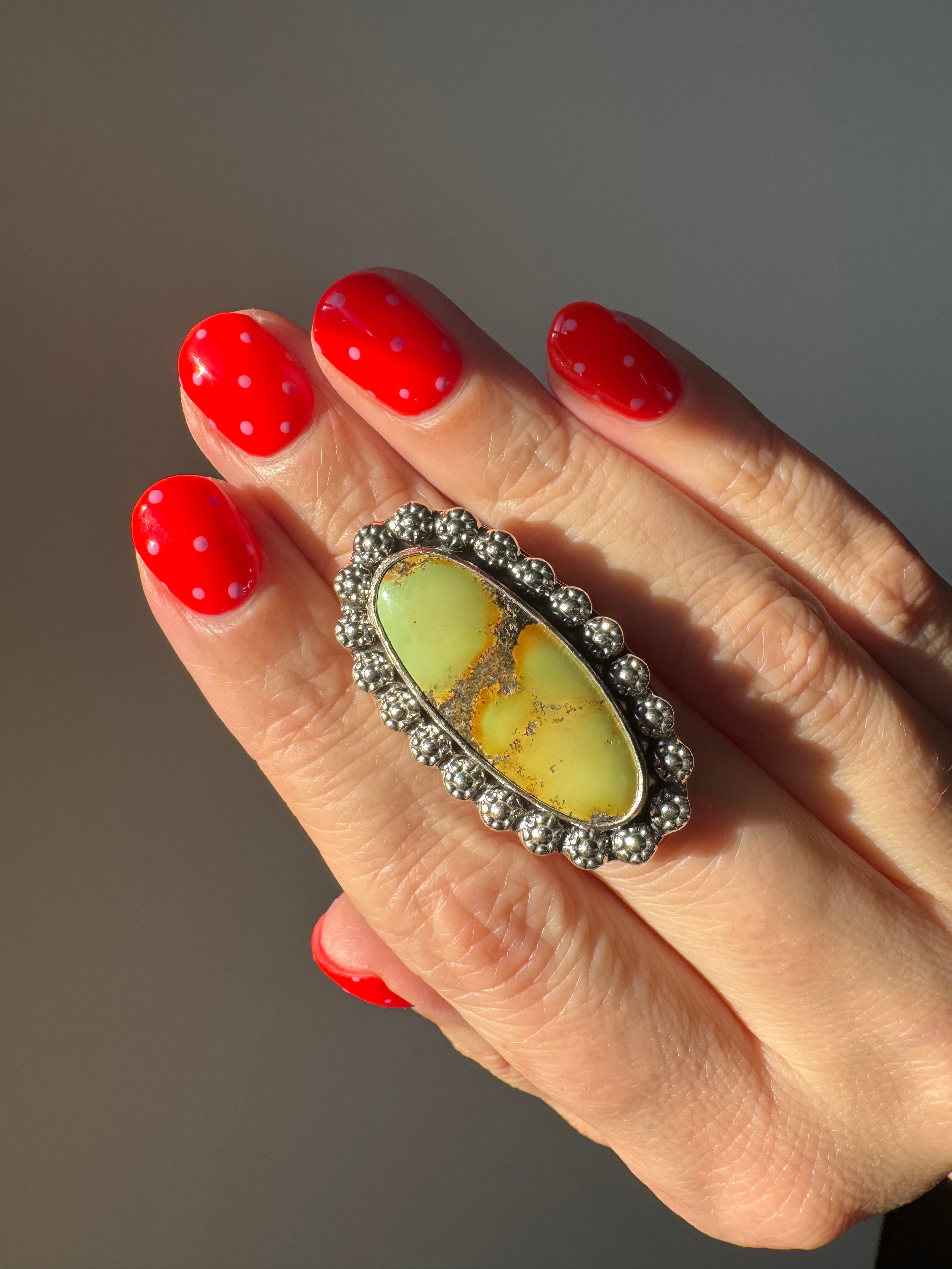 Turquoise Surfboard Ring in Sterling Silver | Decorative Berry Wire Border — Ready to Ship, One of a Kind