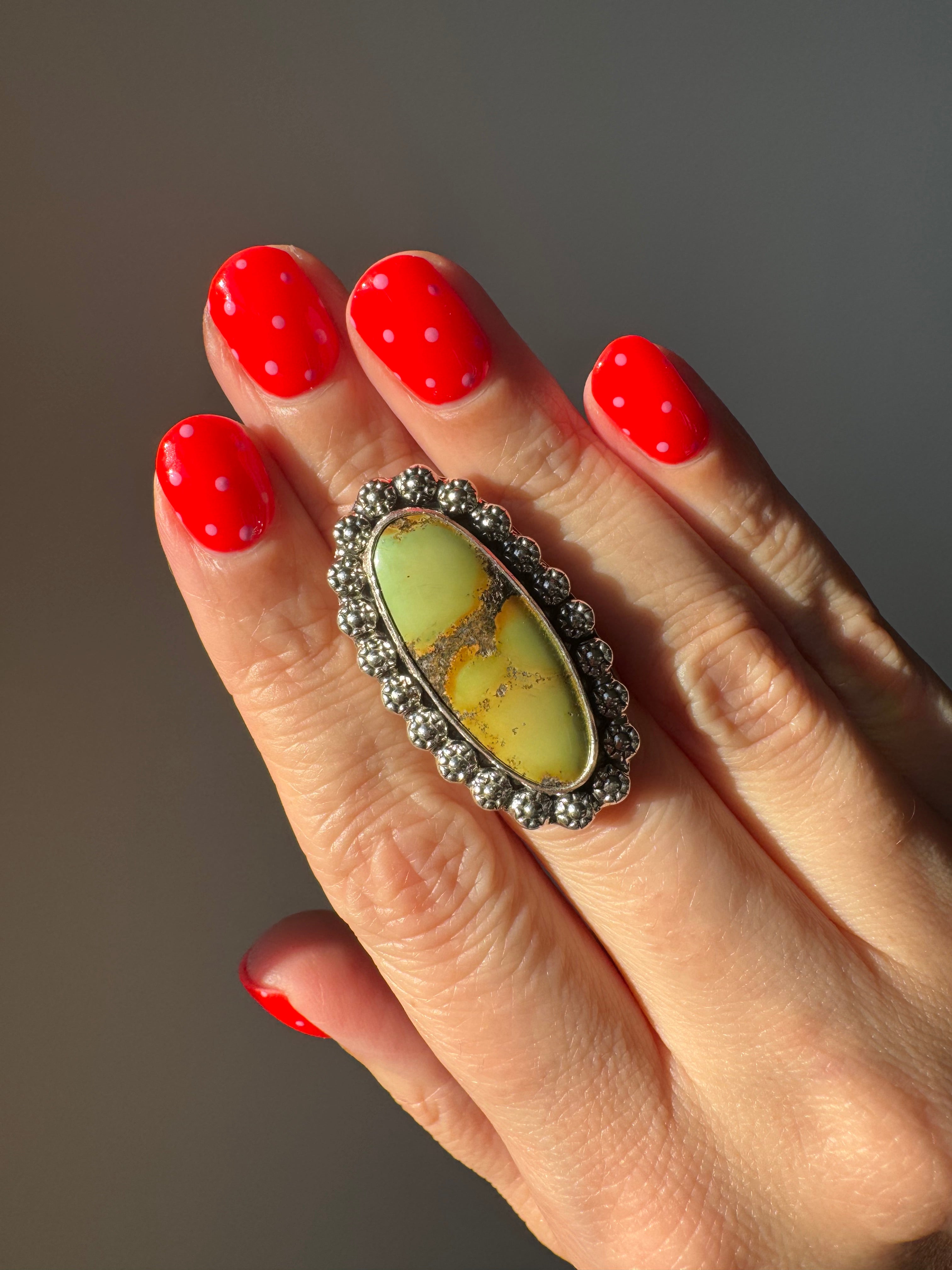 Turquoise Surfboard Ring in Sterling Silver | Decorative Berry Wire Border — Ready to Ship, One of a Kind