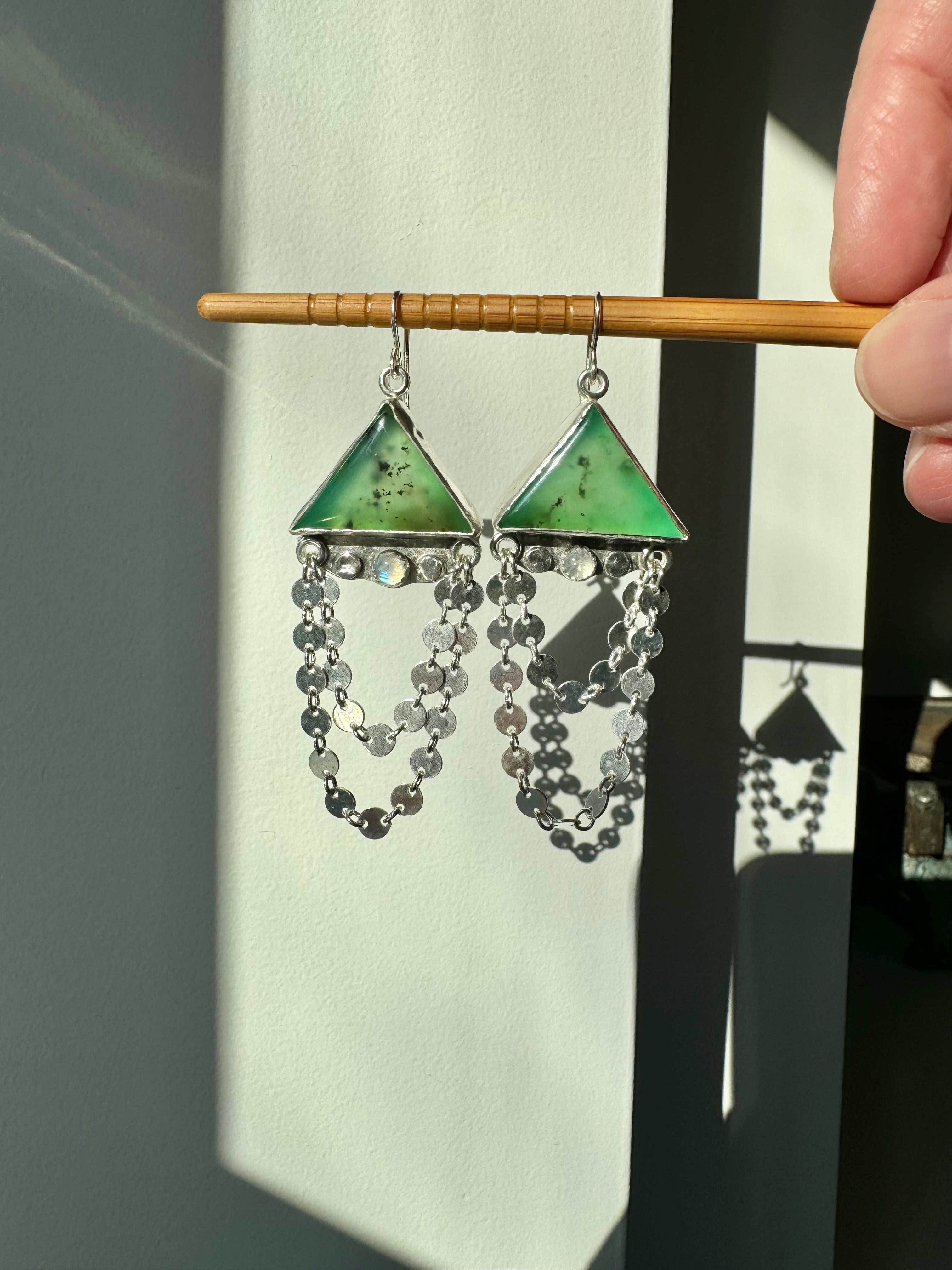 Carriage House Jewelry | Chrysoprase Earrings with Rainbow Moonstone