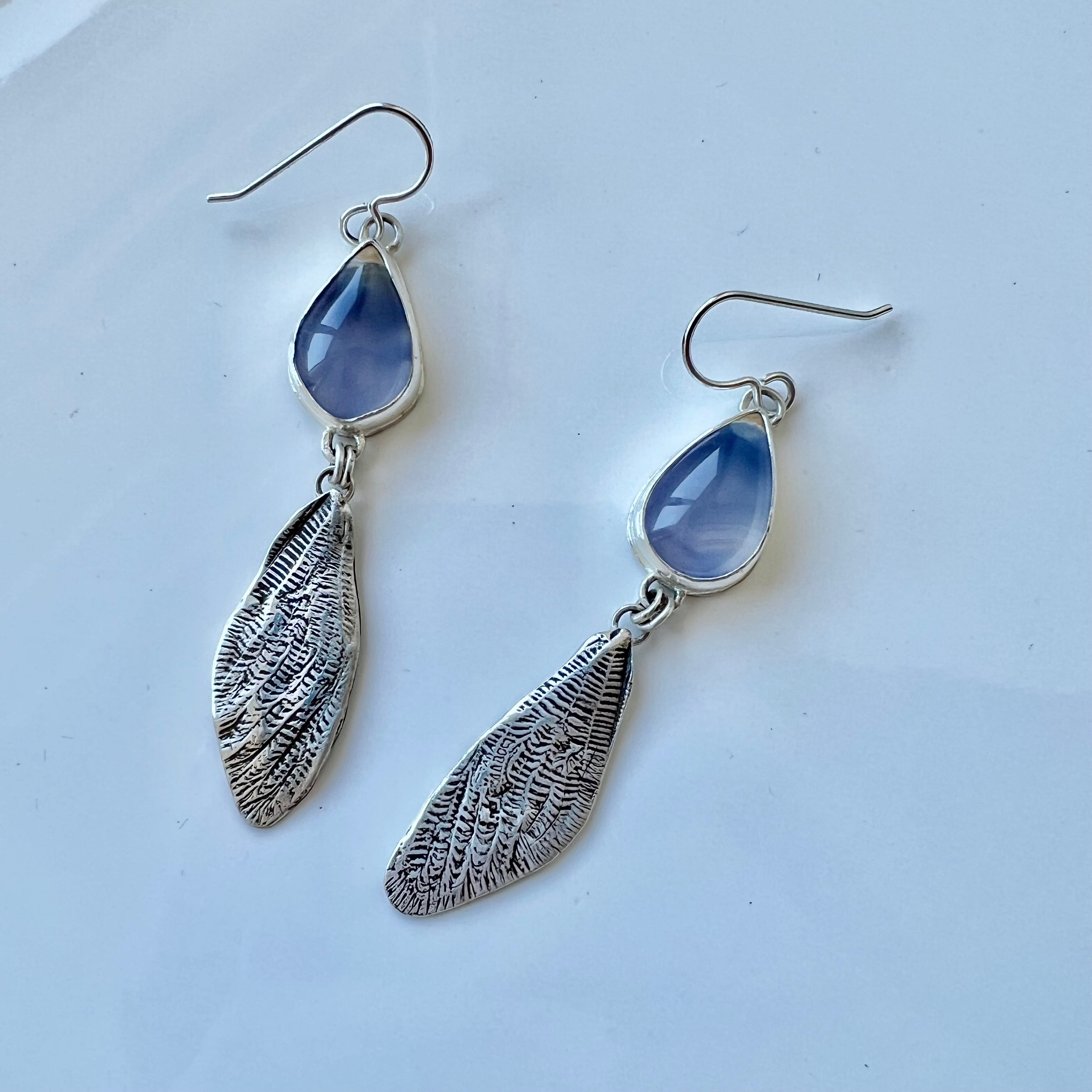 Sterling silver cicada wings with sparkling blue chalcedony. One of a kind pair.
