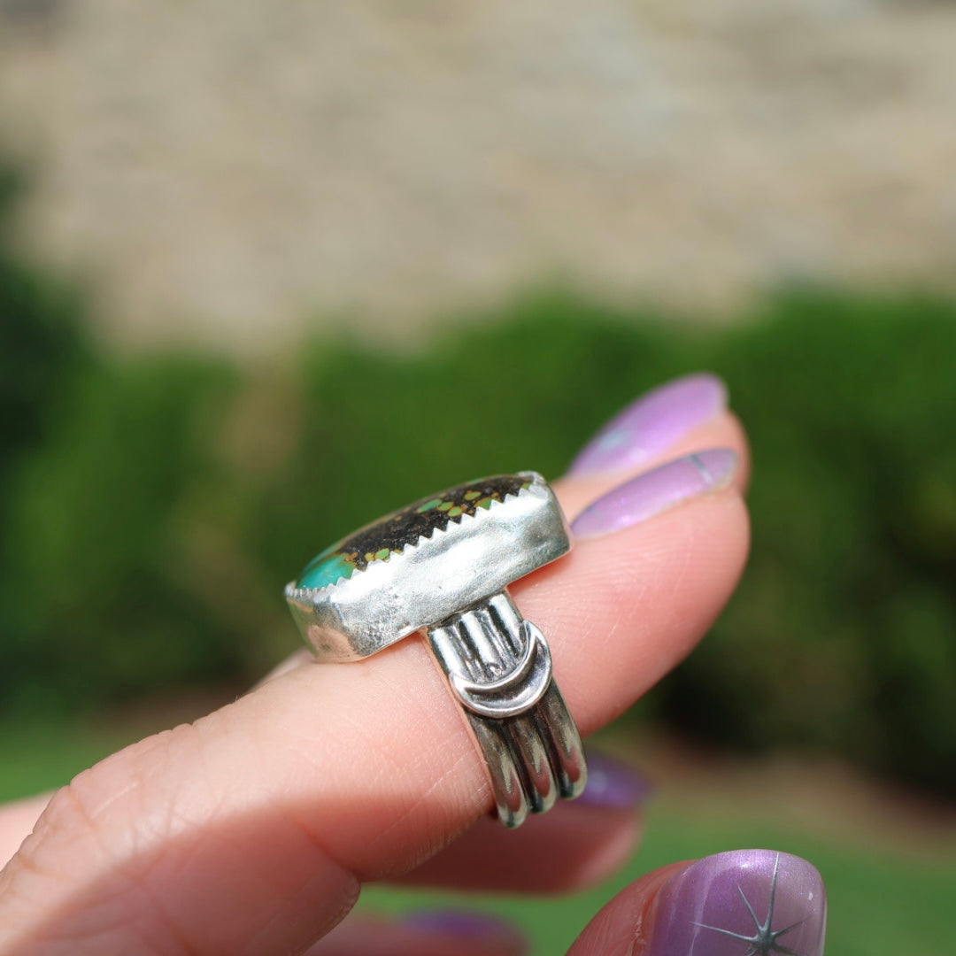 Turquoise Barrel Ring with Silver Moons (Size 4.5)
