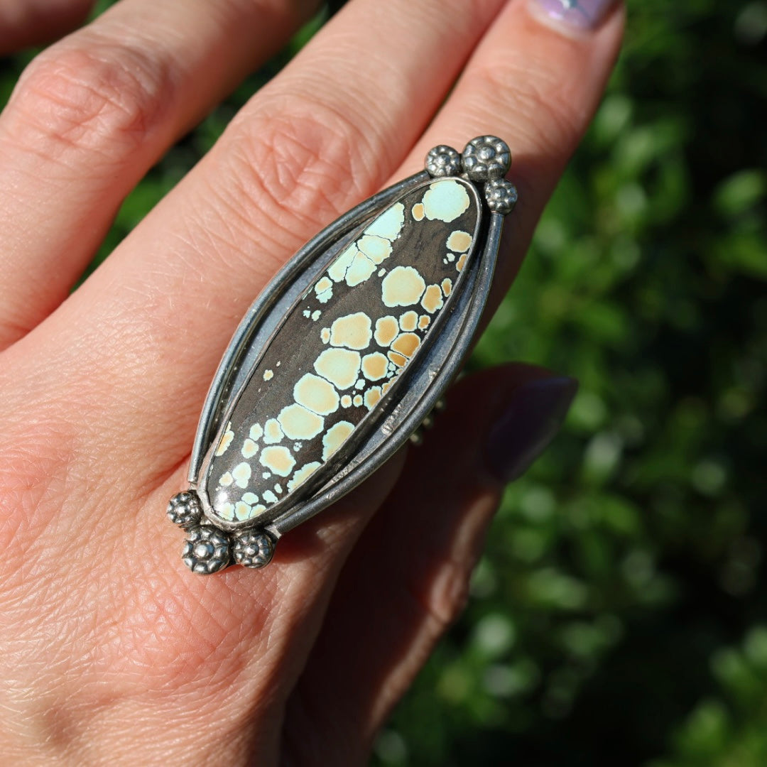 Turquoise Surfboard Ring in Sterling Silver | Decorative Sterling Border — Size 8, One of a Kind