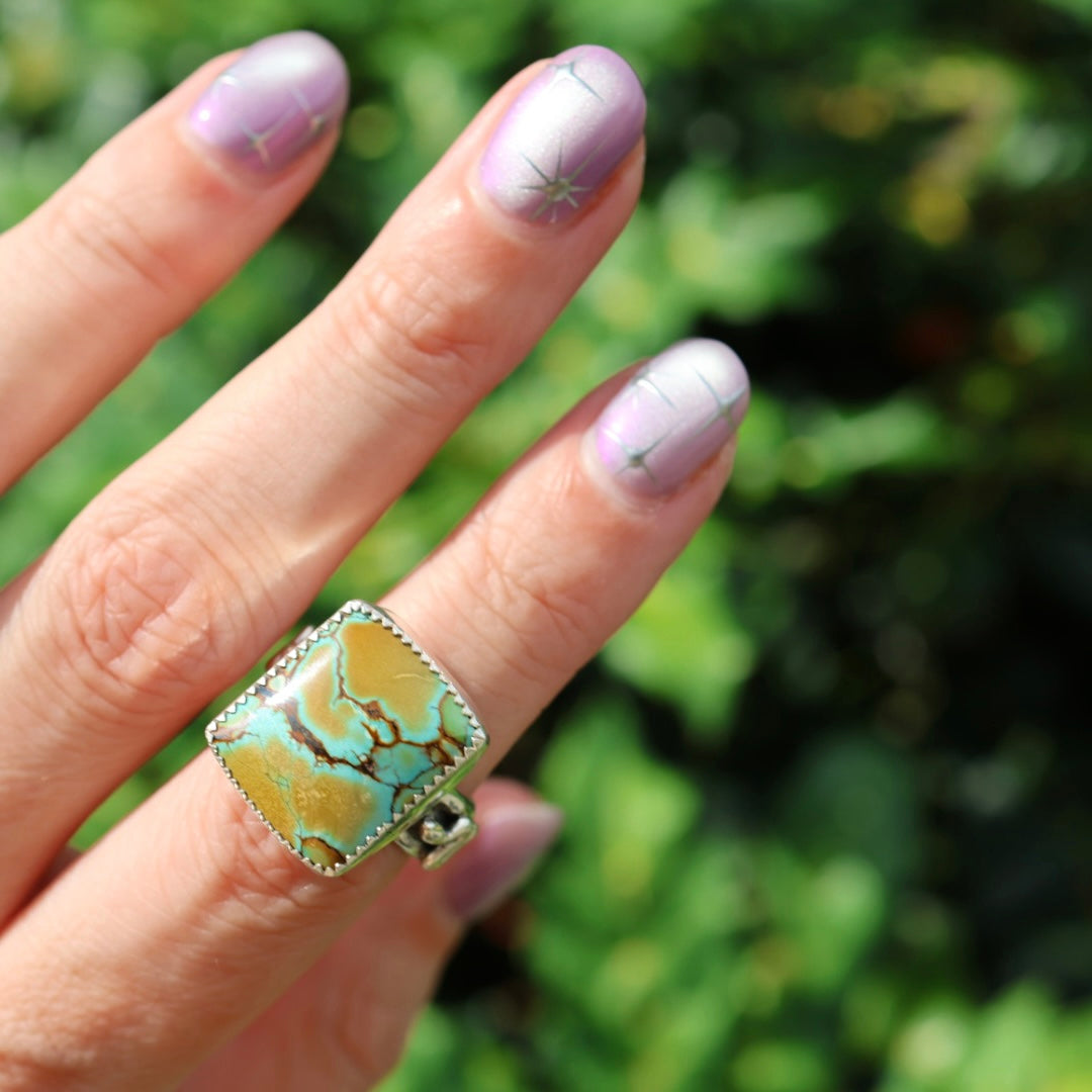 Turquoise Barrel Ring with Silver Snakes (Size 6.25)