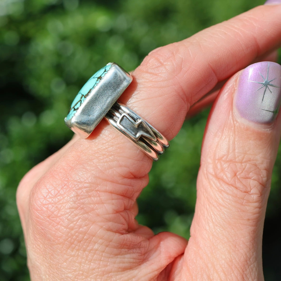 Turquoise Barrel Ring with Silver Lightning Bolts (Size 8-8.5)