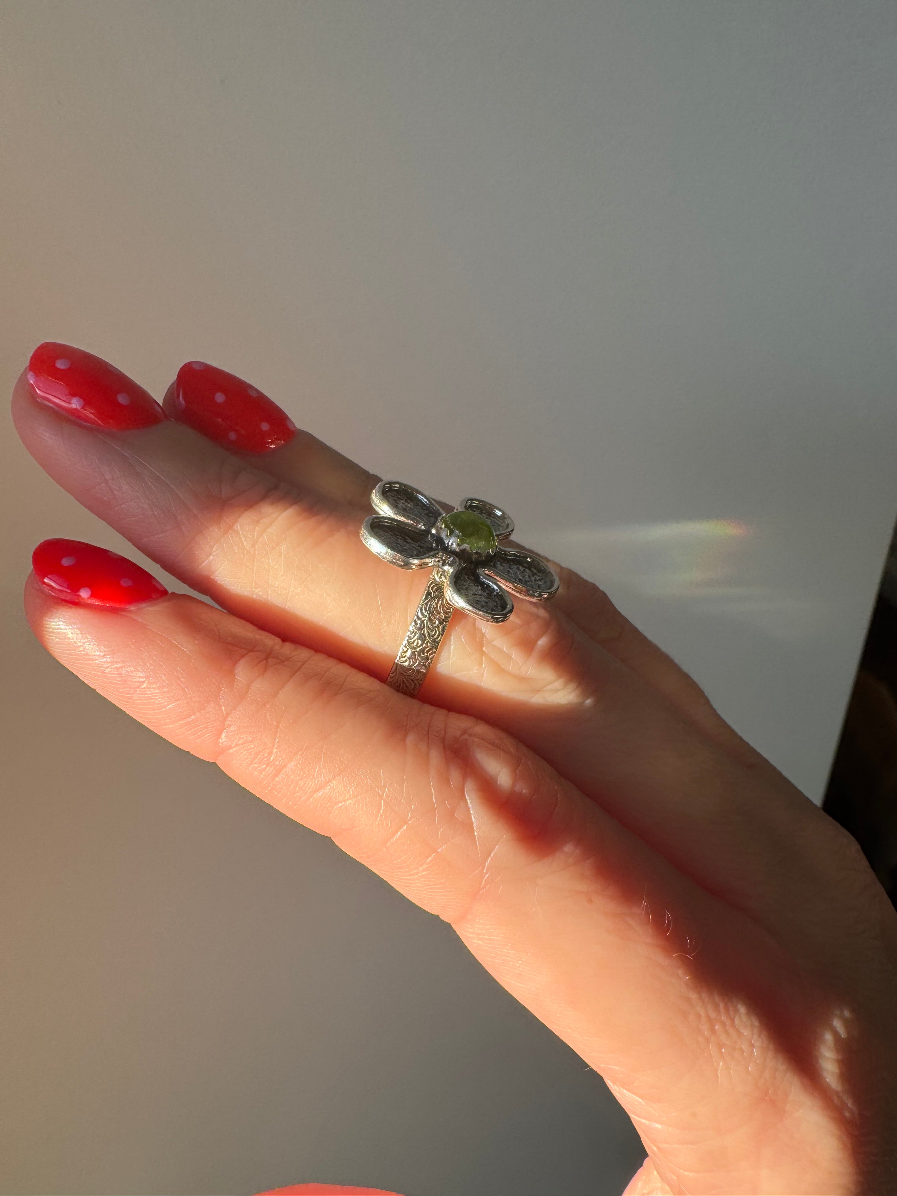 Sterling Silver Flower Ring with Peridot