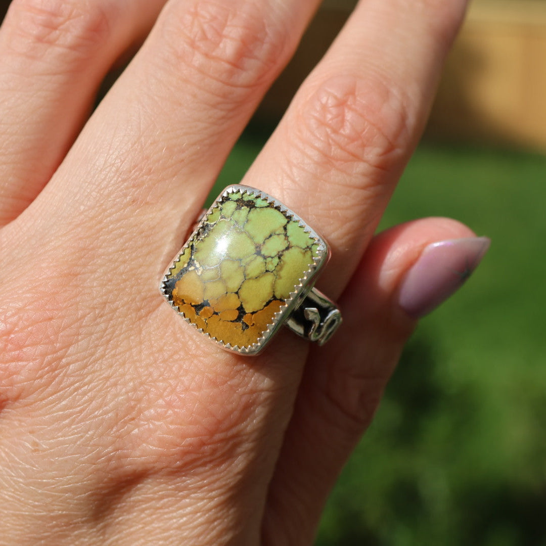 Turquoise Barrel Ring with Silver Snakes (Size 10.25)
