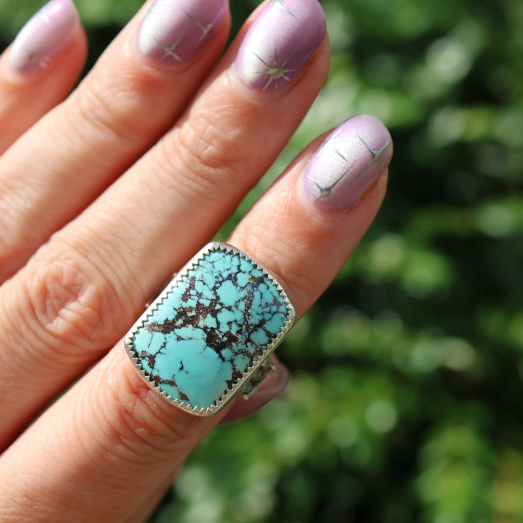 Turquoise Barrel Ring with Silver Moons (Size 5.5-5.75)