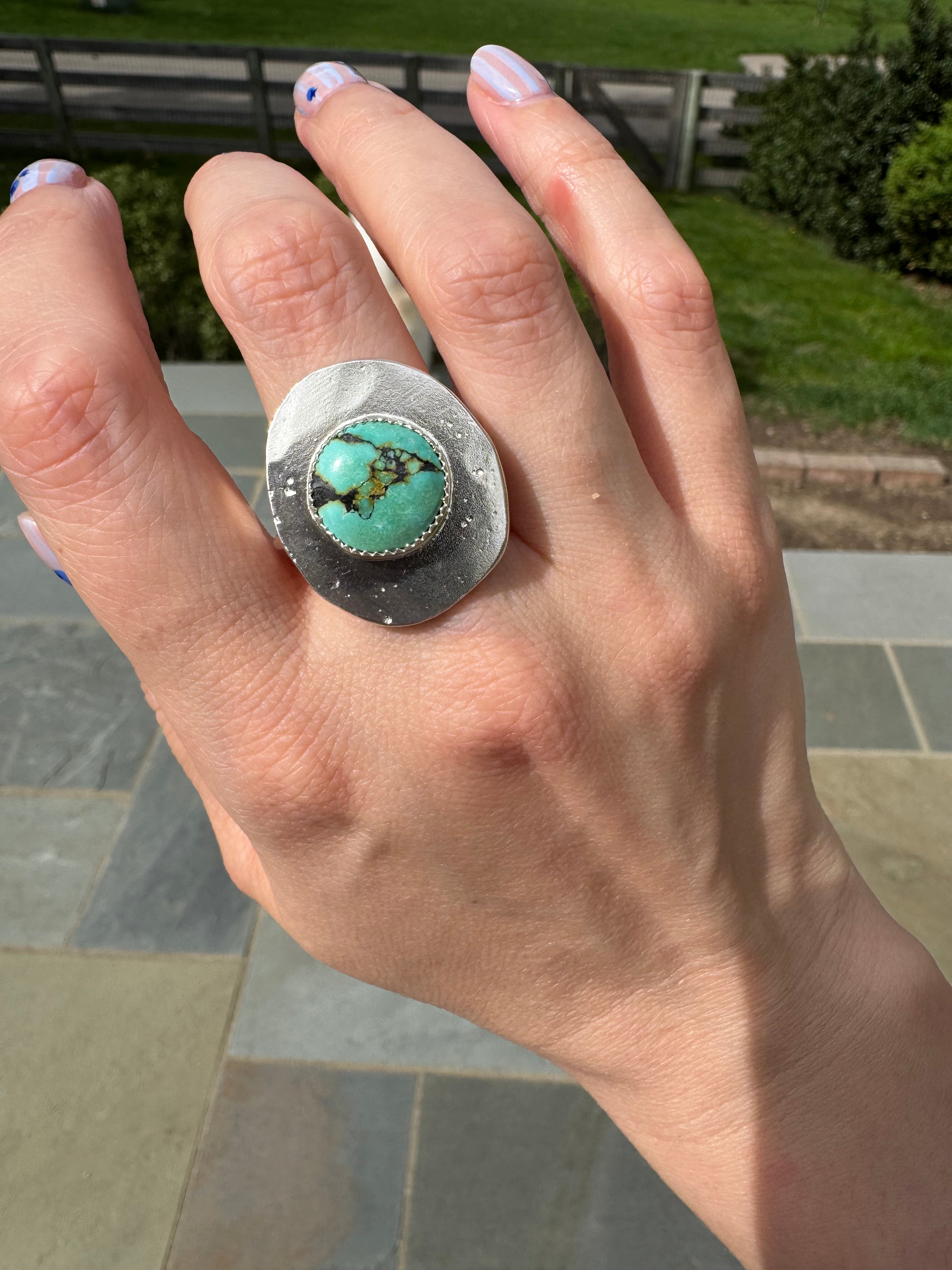 Blue turquoise silver medallion ring 