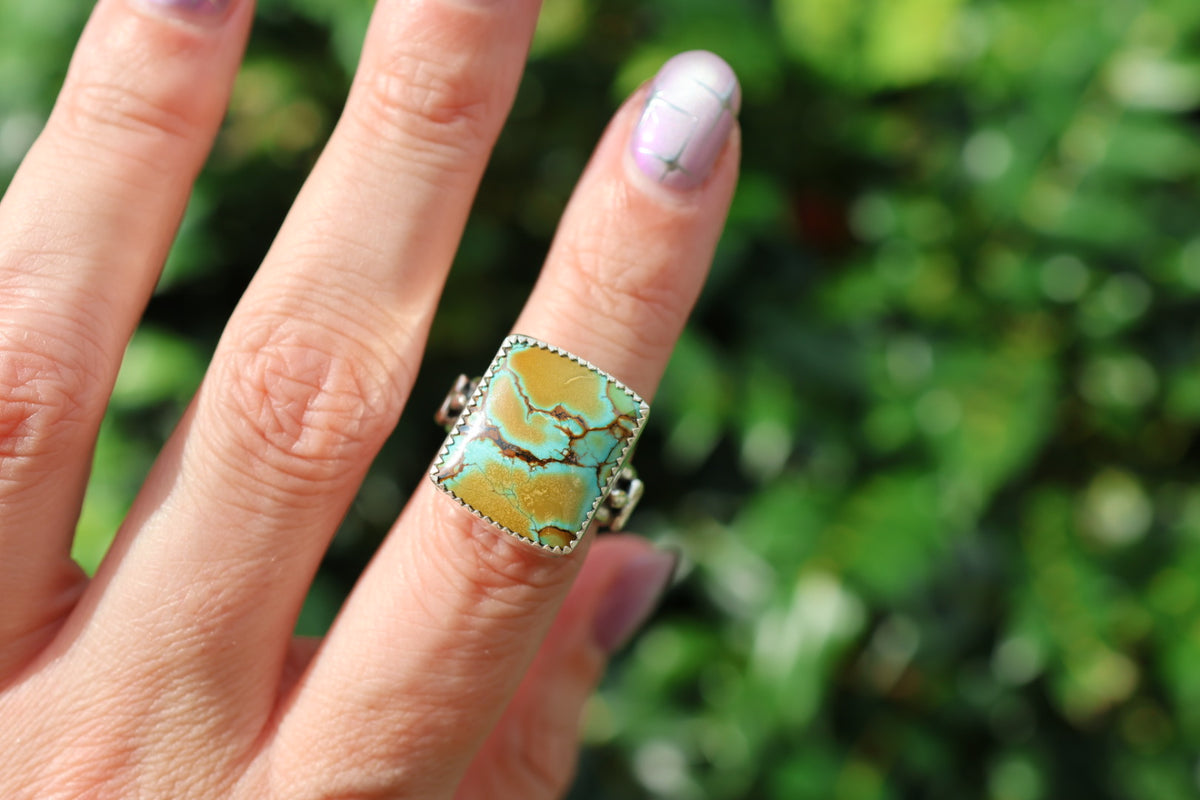 Turquoise Barrel Ring with Silver Snakes (Size 6.25)