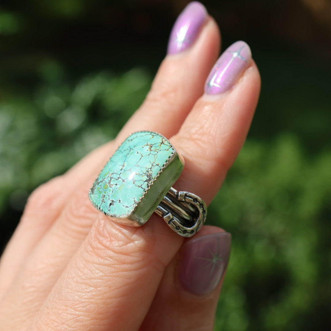 Turquoise Barrel Ring with Horseshoes (Size 6.5)