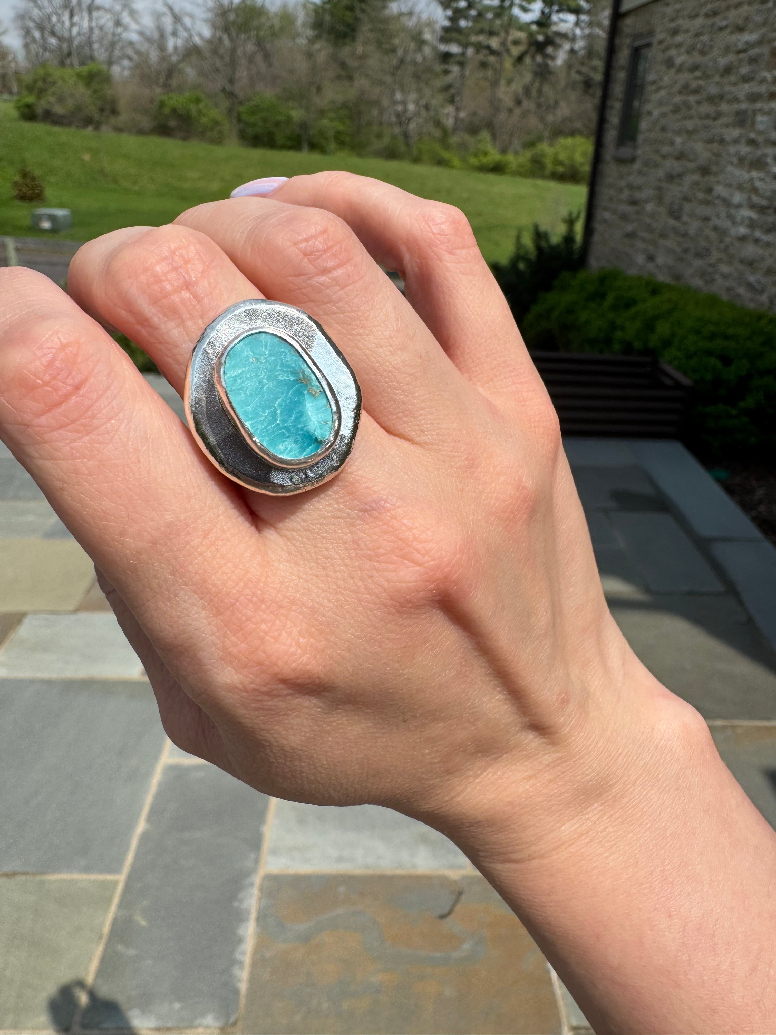 Blue turquoise silver medallion ring 