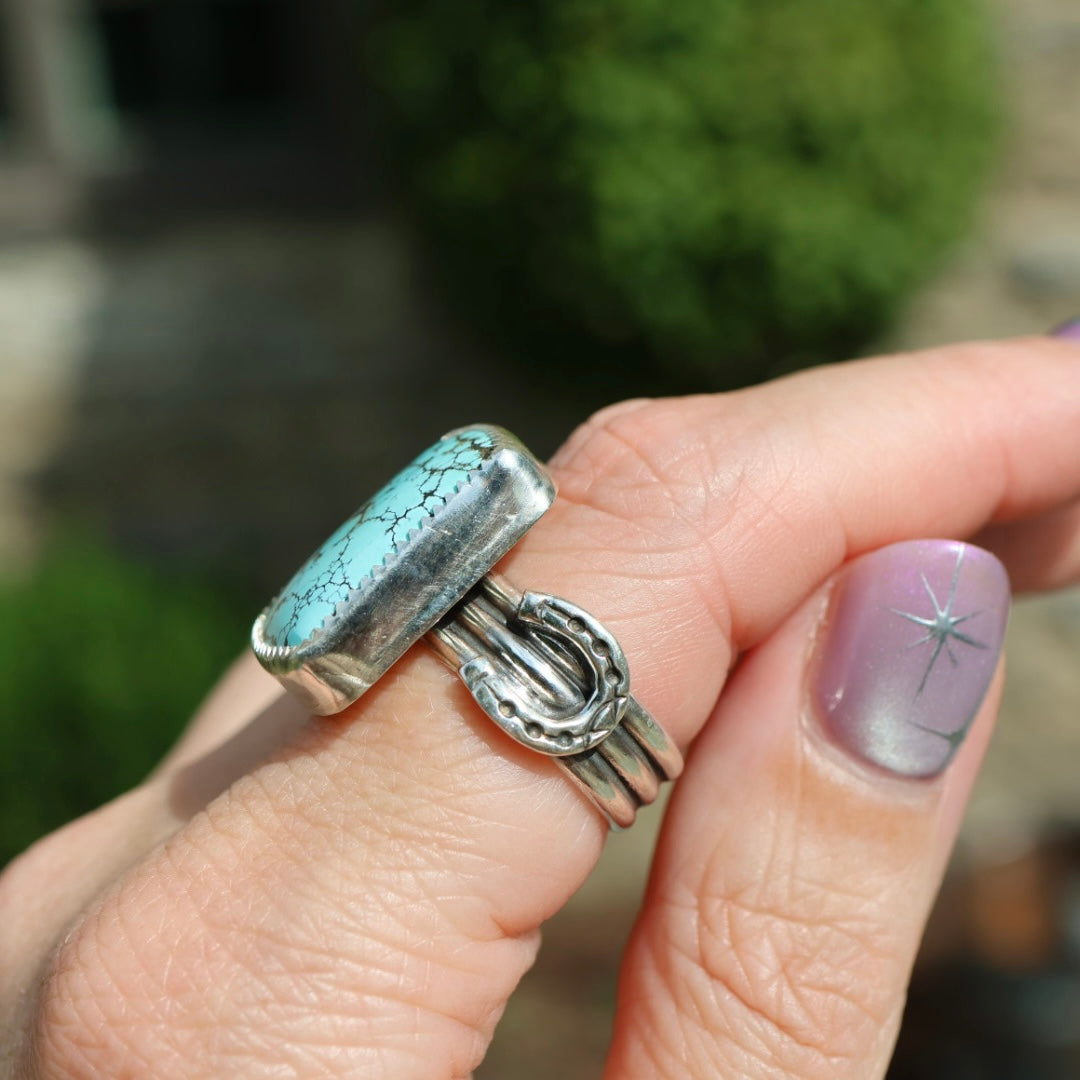 Turquoise Barrel Ring with Horseshoes (Size 8.25)