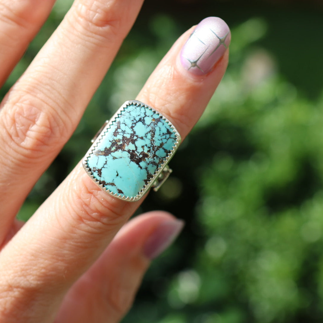 Turquoise Barrel Ring with Silver Moons (Size 5.5-5.75)