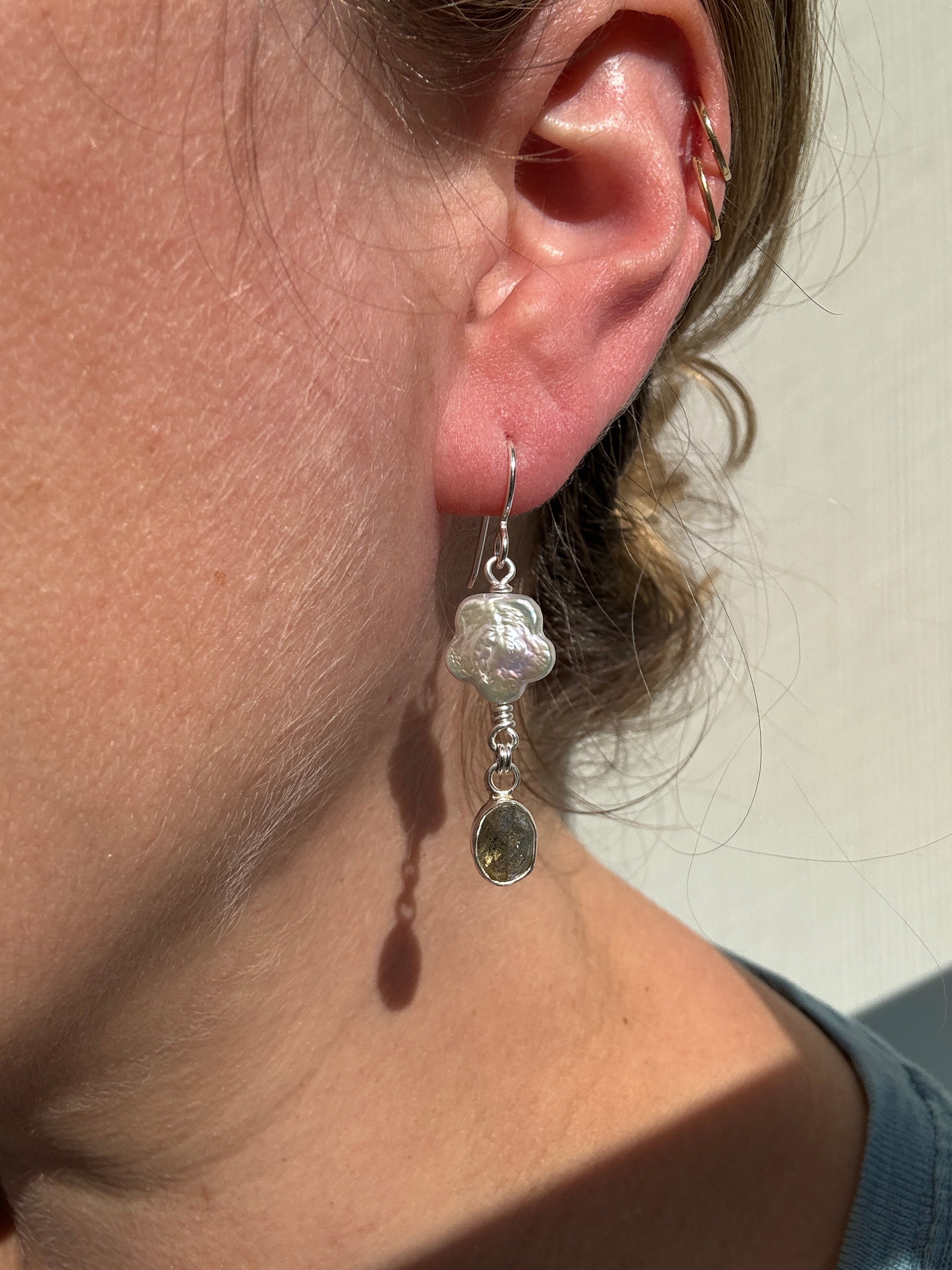 Carriage House Jewelry | Flower Pearl Earrings with Labradorite