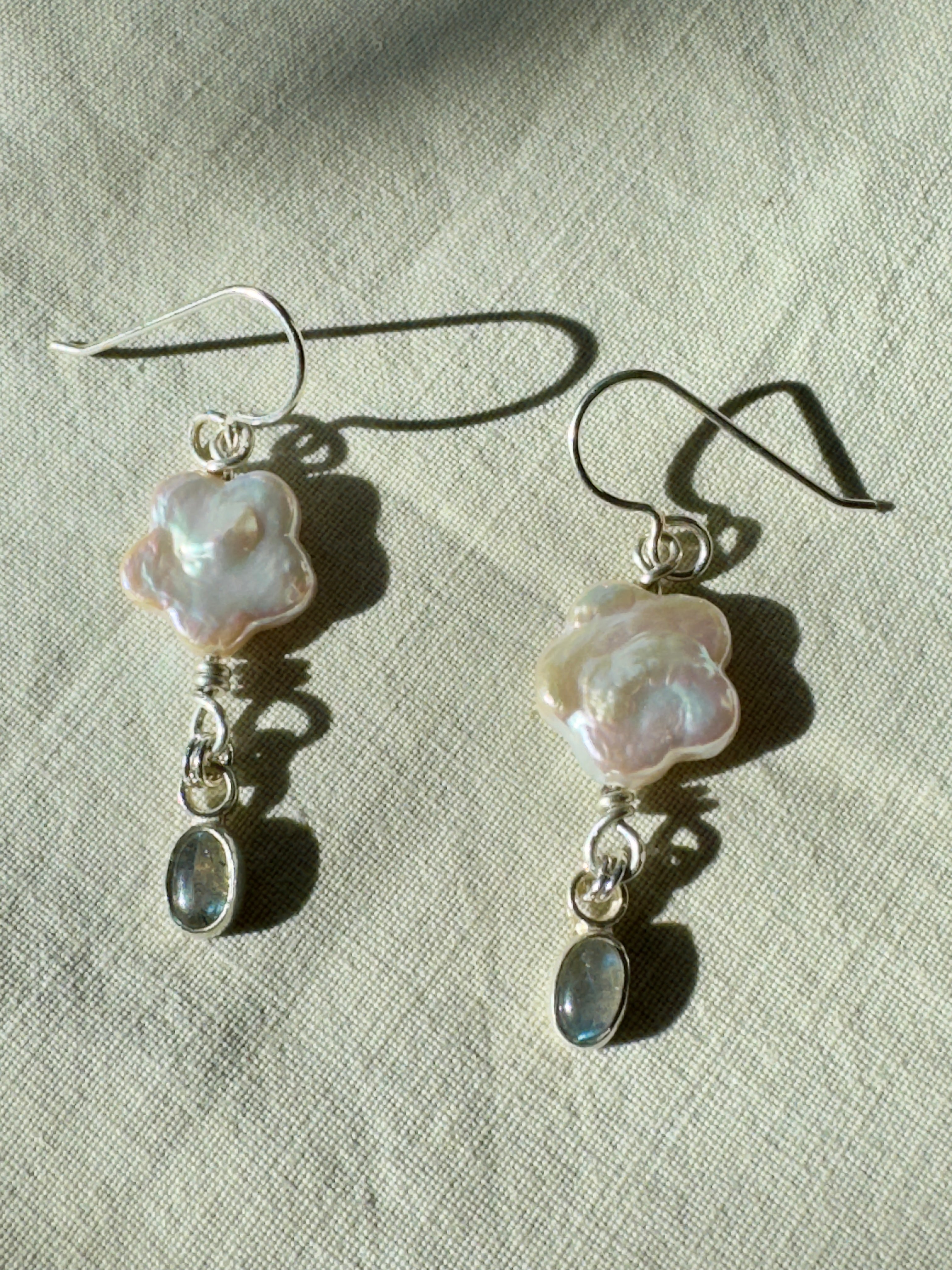Carriage House Jewelry | Flower Pearl Earrings with Small Labradorite