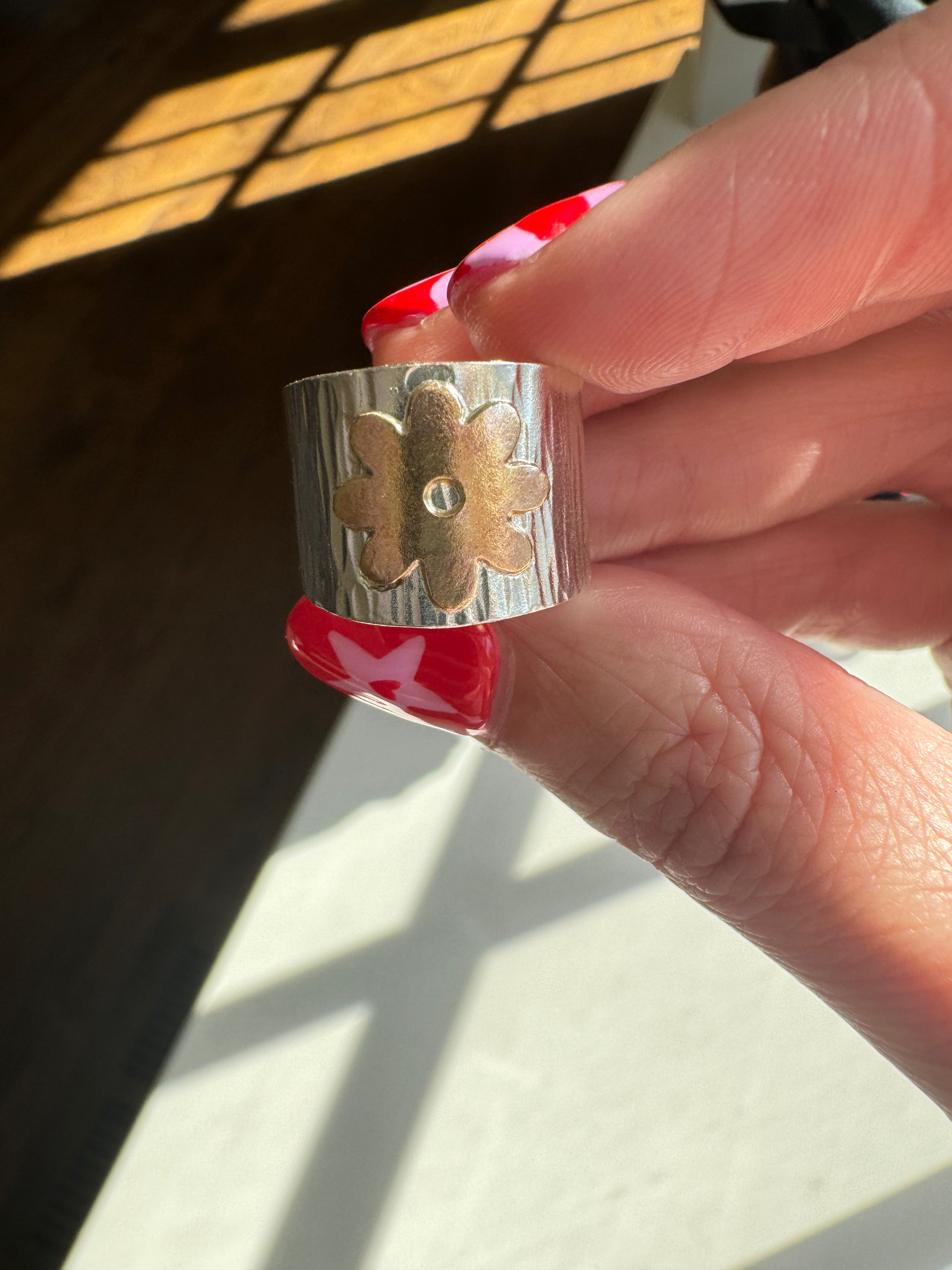 Carriage House Jewelry | Hammered Silver Band with Brass Flower (Size 5.75)