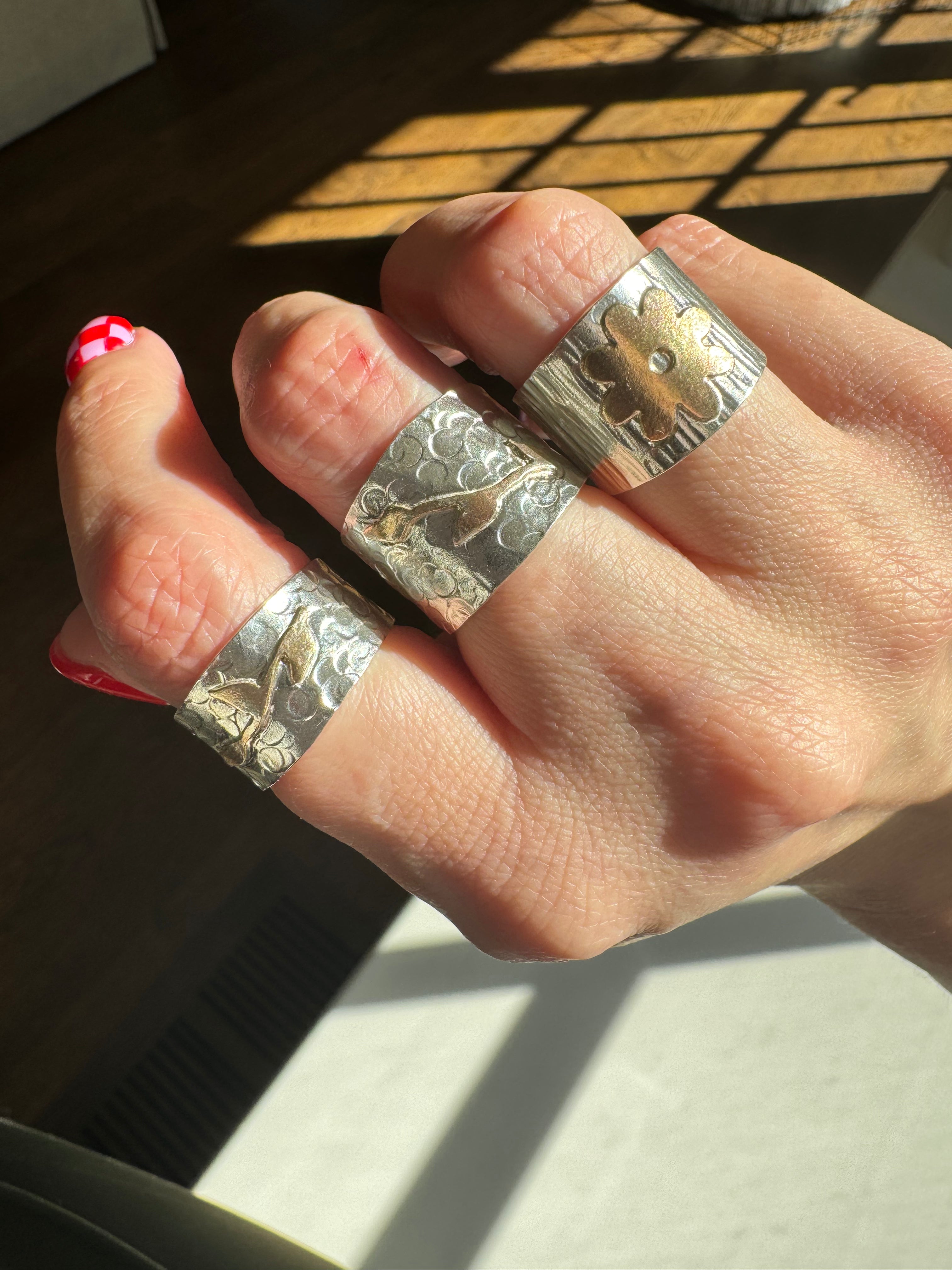 Carriage House Jewelry | Hammered Silver Band with Brass Flower (Size 5.75)