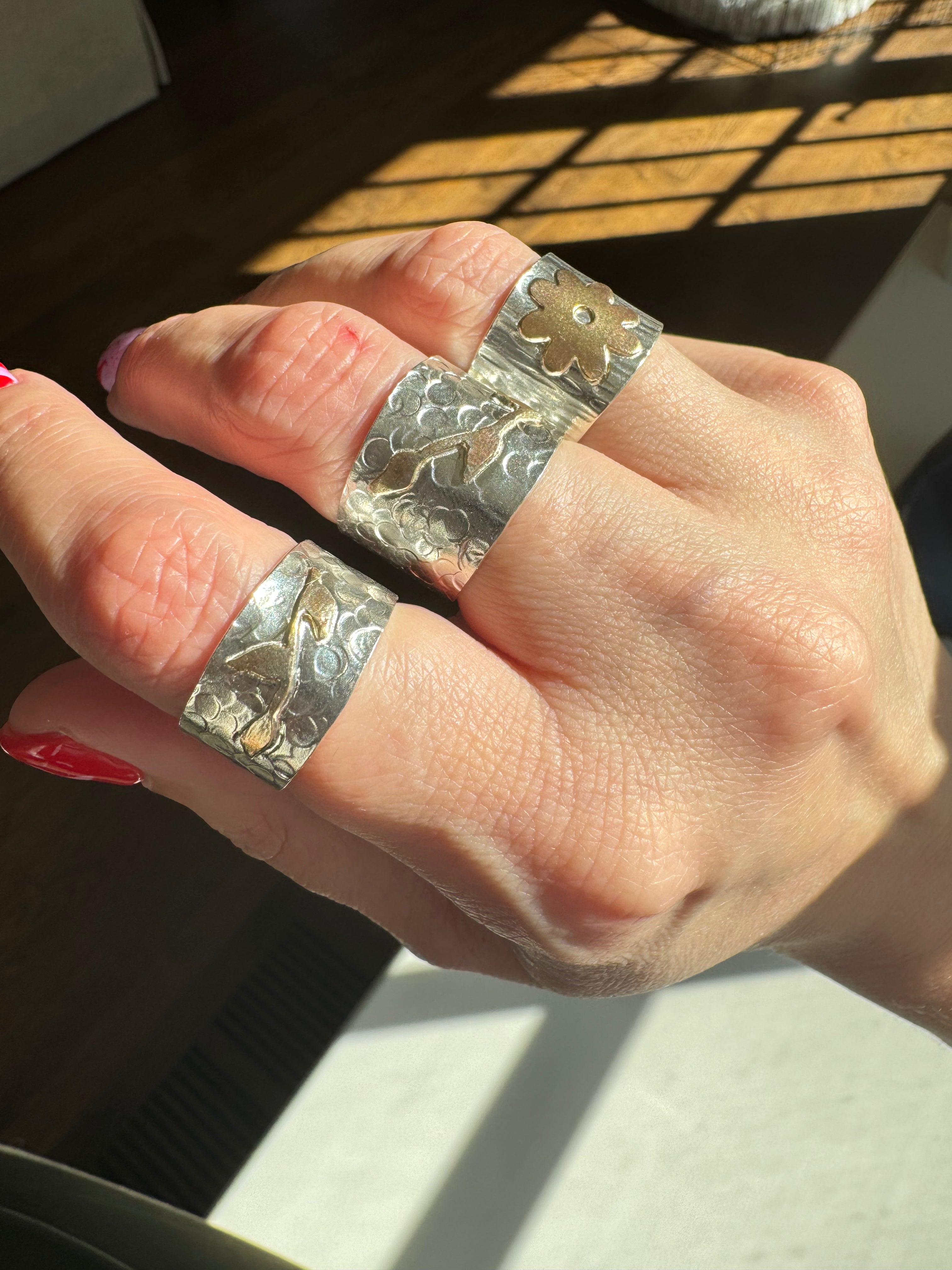 Carriage House Jewelry | Hammered Silver Band with Brass Flower (Size 5.75)
