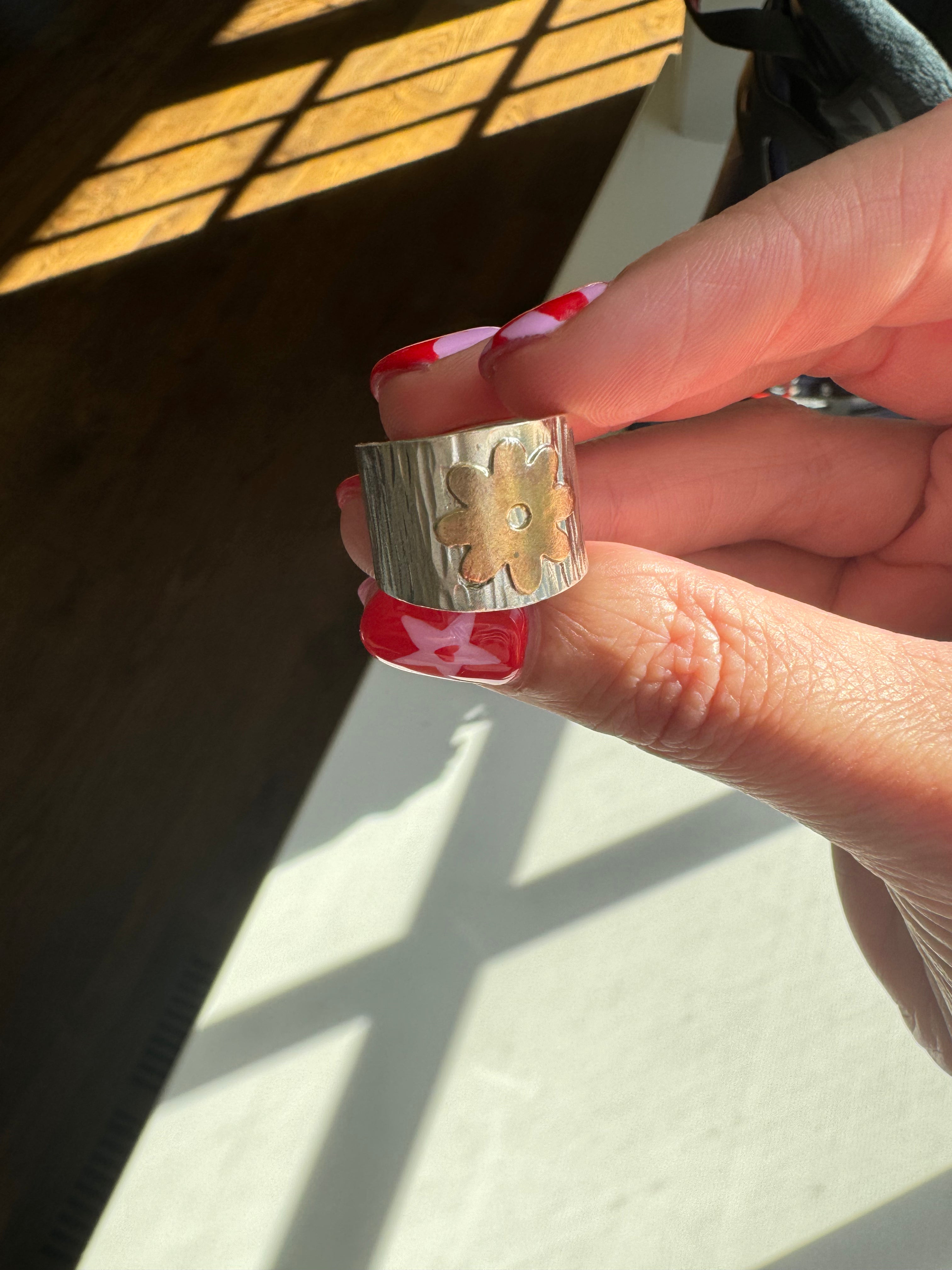 Carriage House Jewelry | Hammered Silver Band with Brass Flower (Size 5.75)