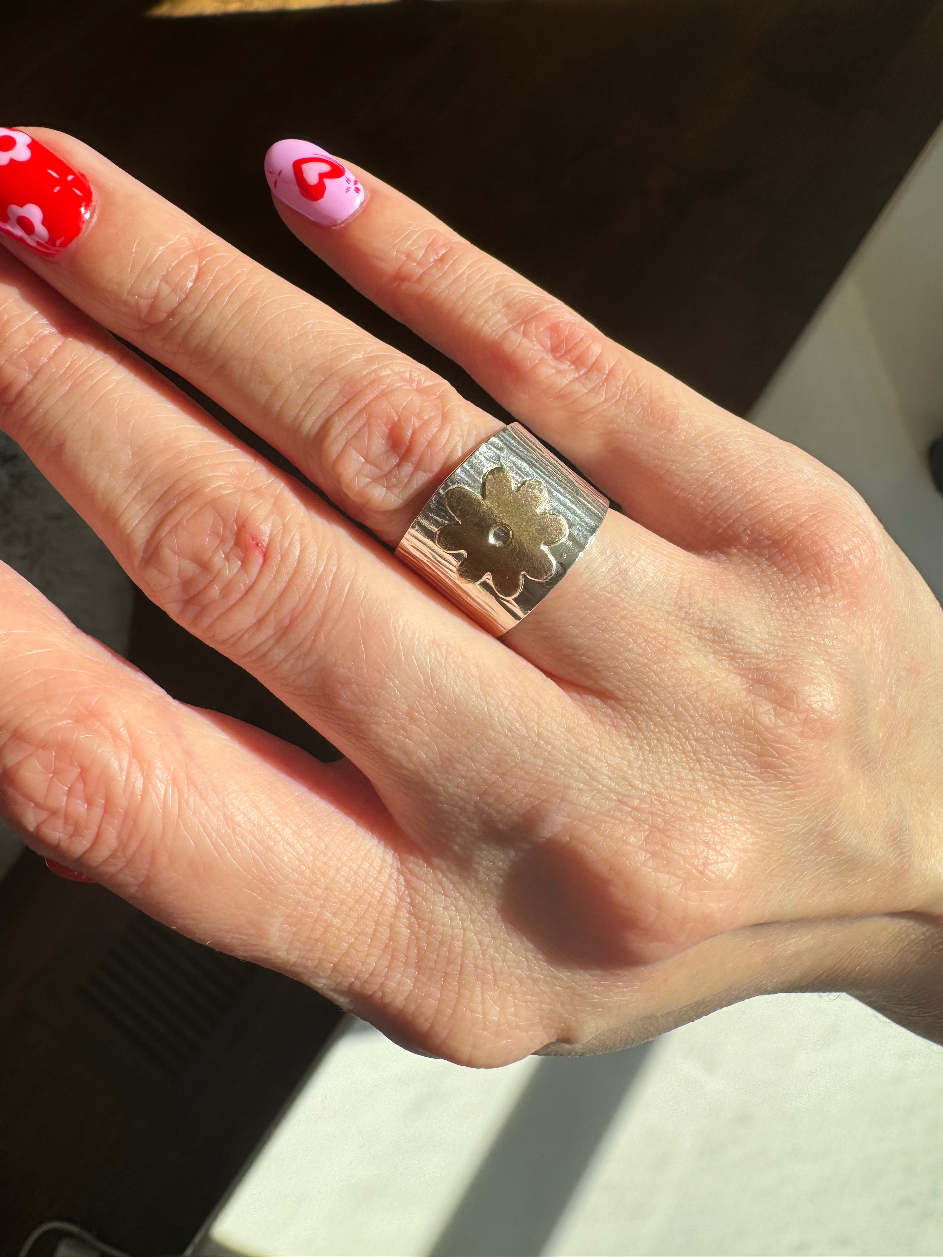 Carriage House Jewelry | Hammered Silver Band with Brass Flower (Size 5.75)