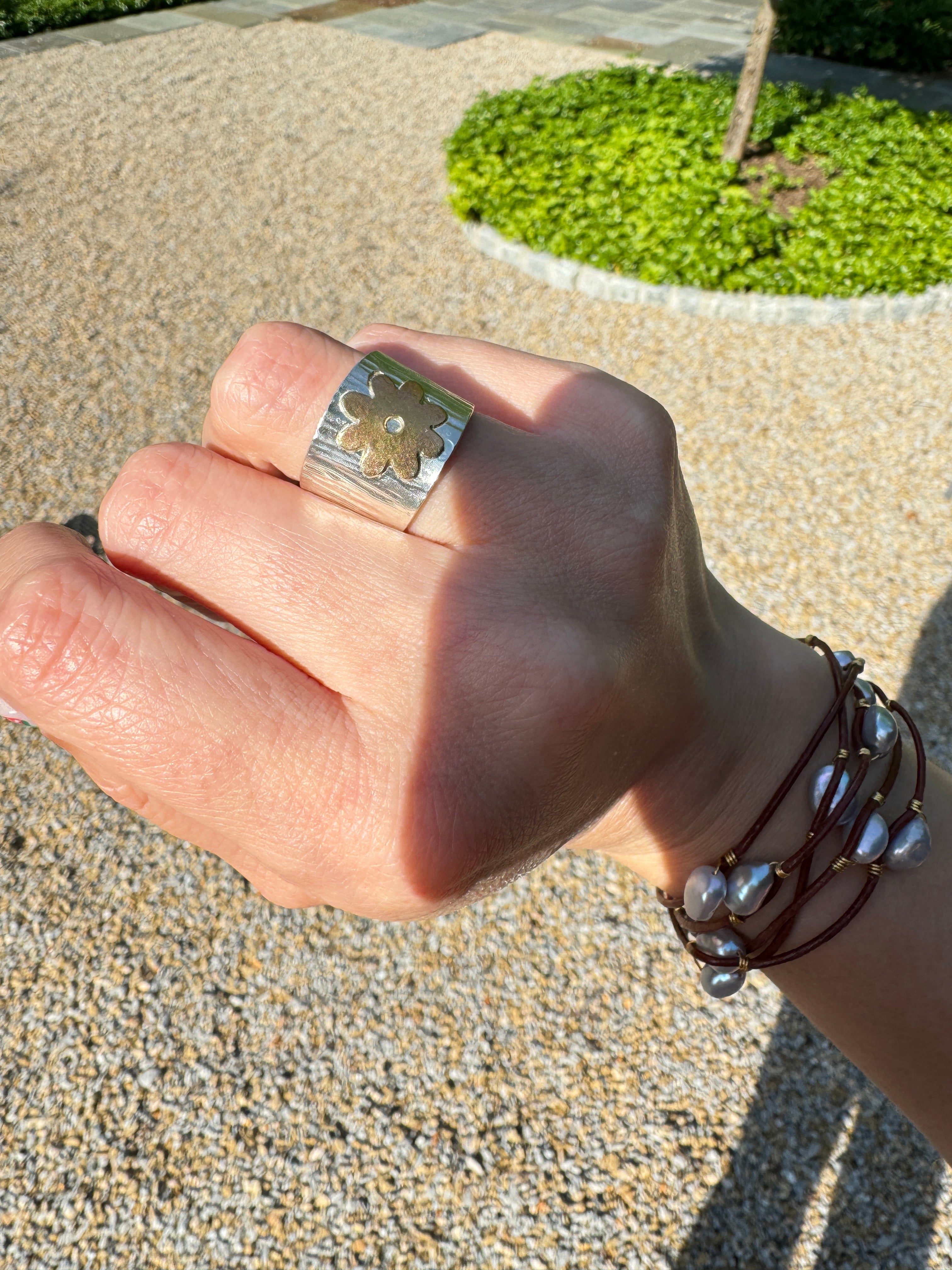 Carriage House Jewelry | Hammered Silver Band with Brass Flower (Size 5.75)