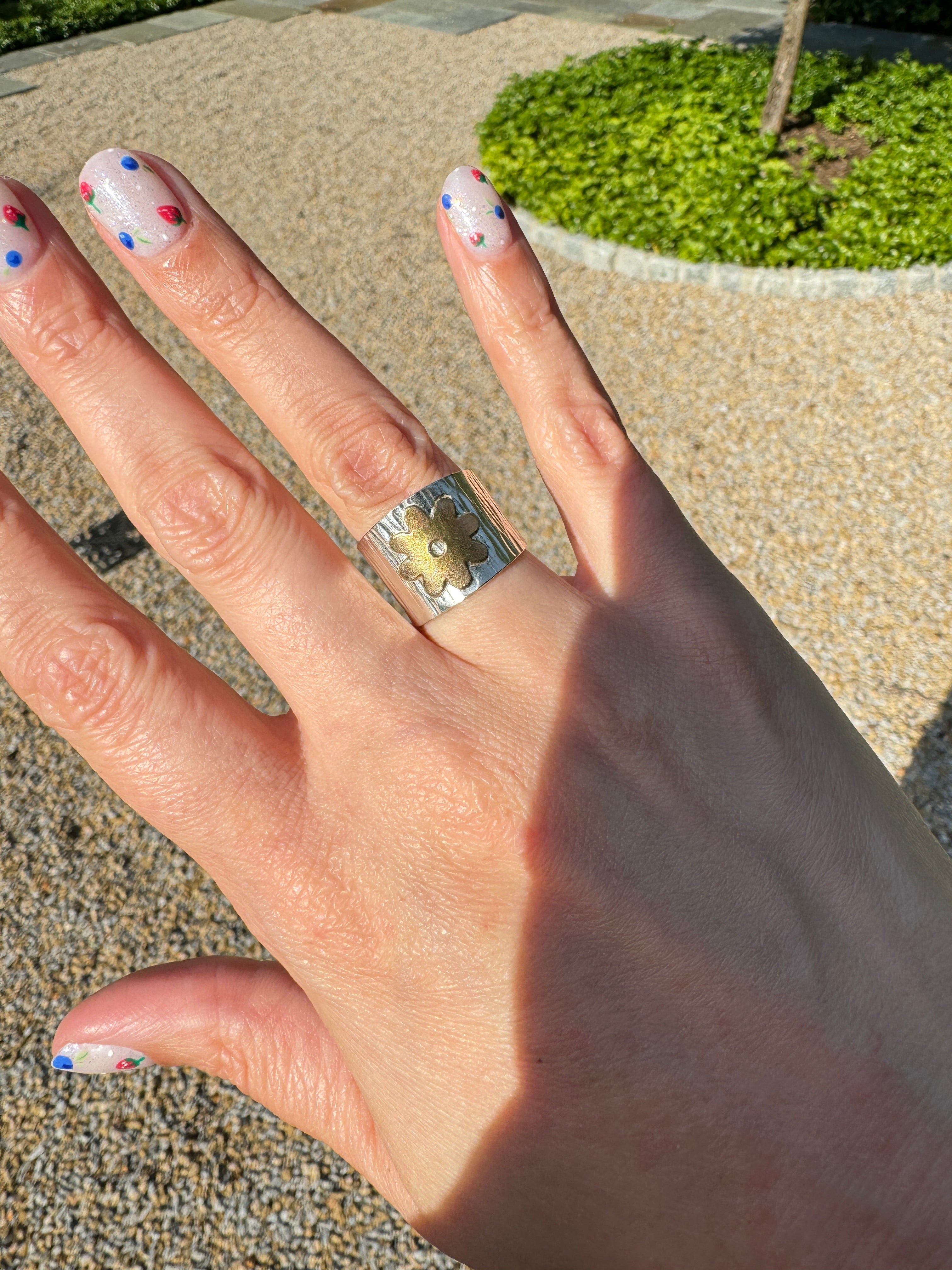 Carriage House Jewelry | Hammered Silver Band with Brass Flower (Size 5.75)