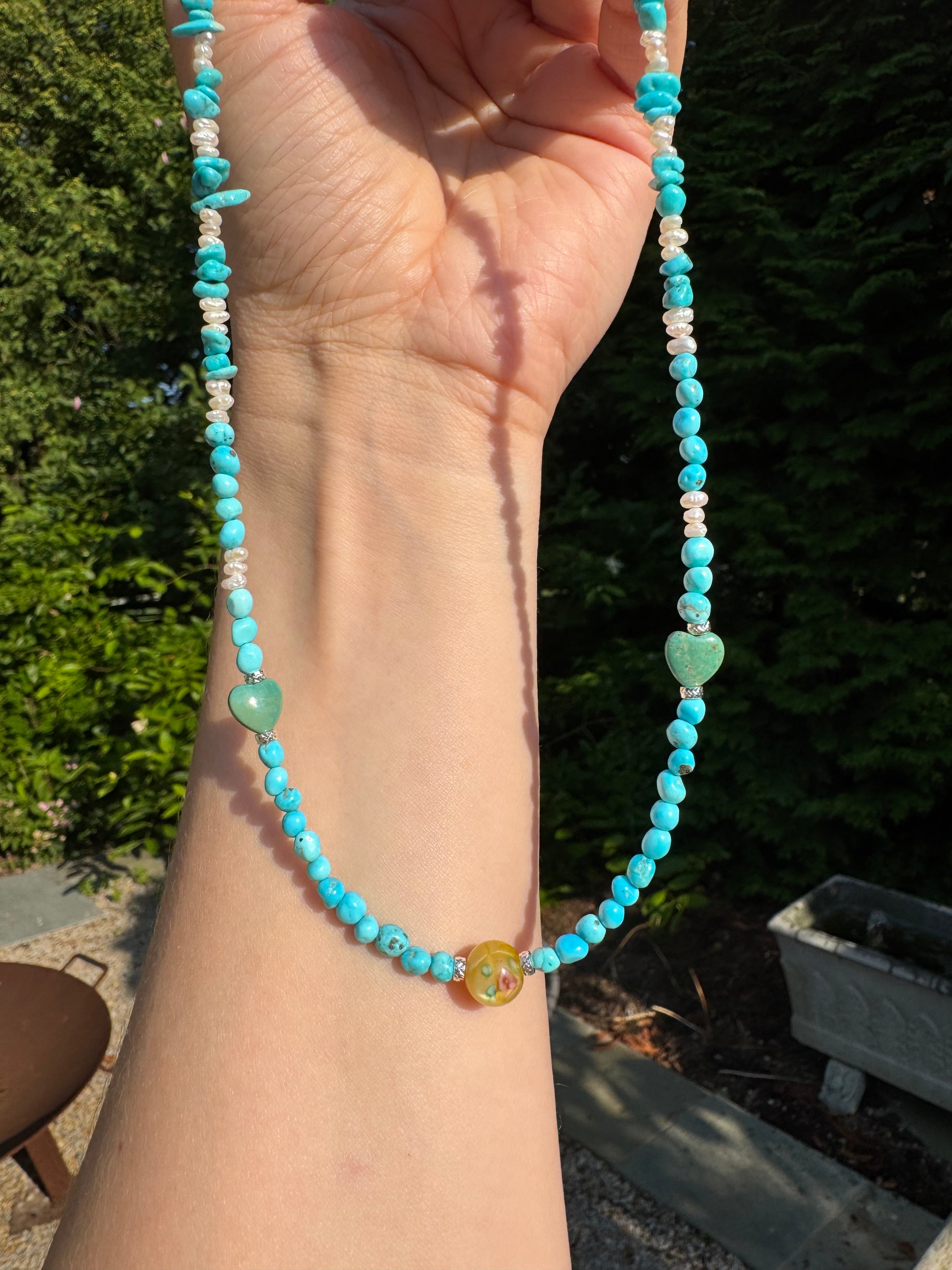 Turquoise, Pearl & Heart Bead Necklace