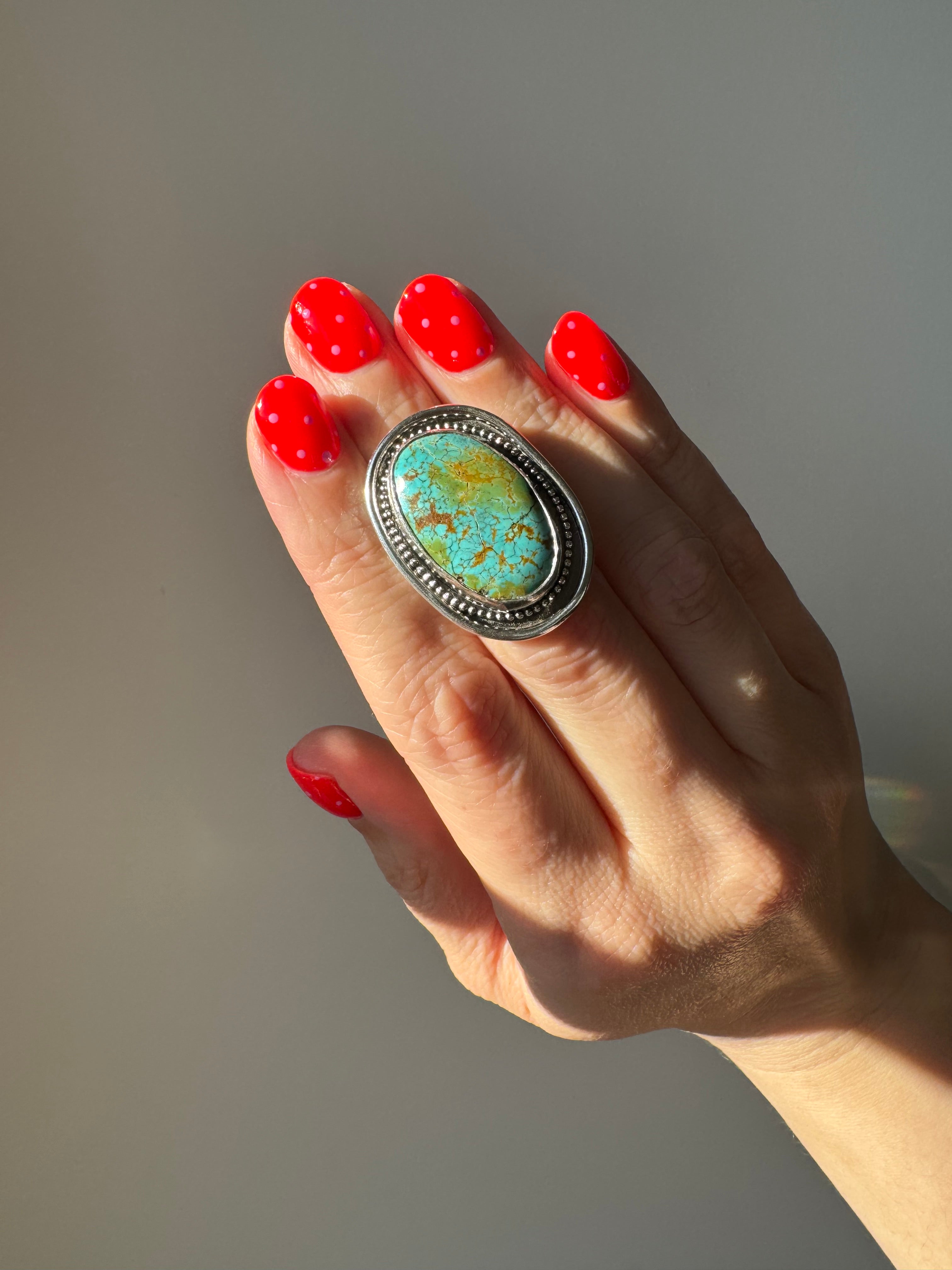 Turquoise Statement Ring in Sterling Silver | Decorative Sterling Border — Size 5, One of a Kind