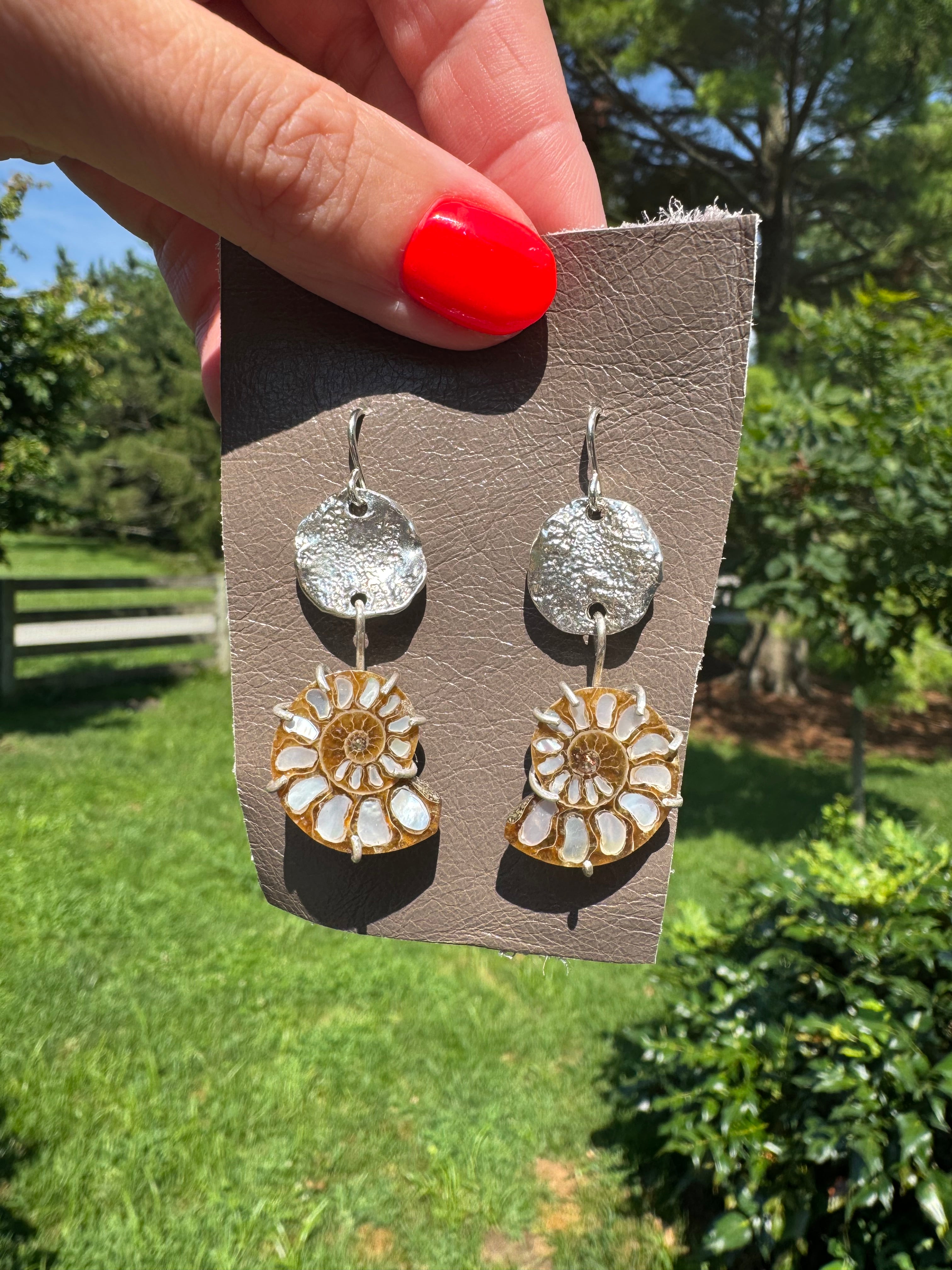ammonite earrings with mother of pearl and fine silver